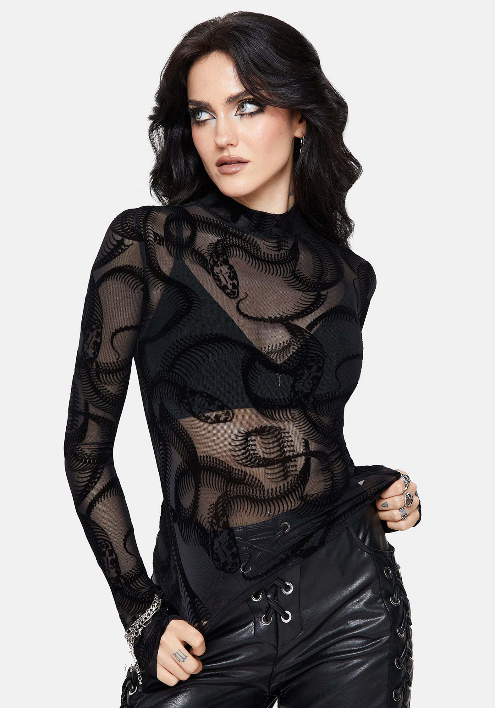 Paleo Flocked Mesh Skeletal Snake Long Sleeve Top – Disturbia