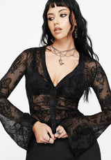 Hexborn Baba Yaga Flocked Button Down Mesh Top