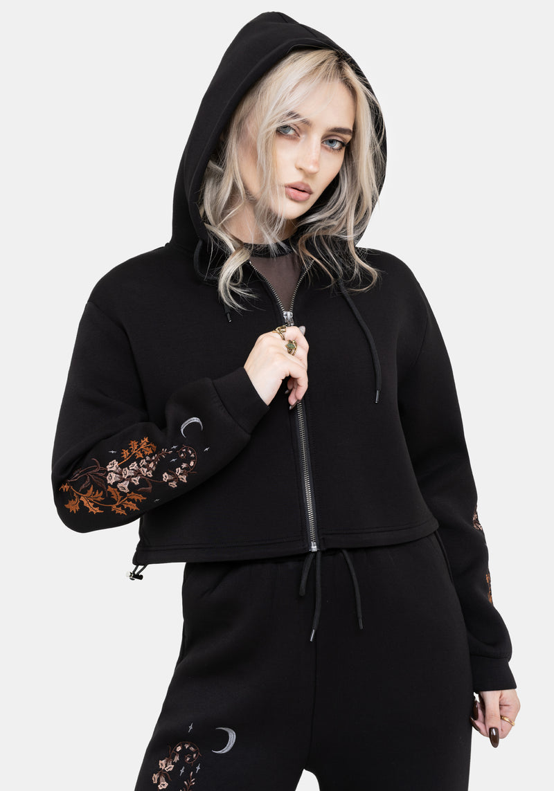 Foxglove Embroidered Zip Up Cropped Hoodie