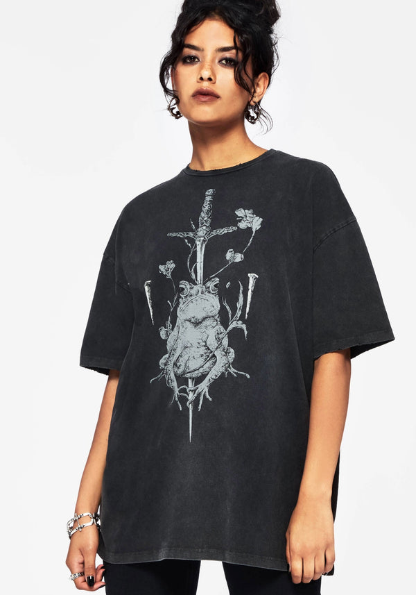 Anura Oversized Acid Wash Frog Graphic Print T-shirt