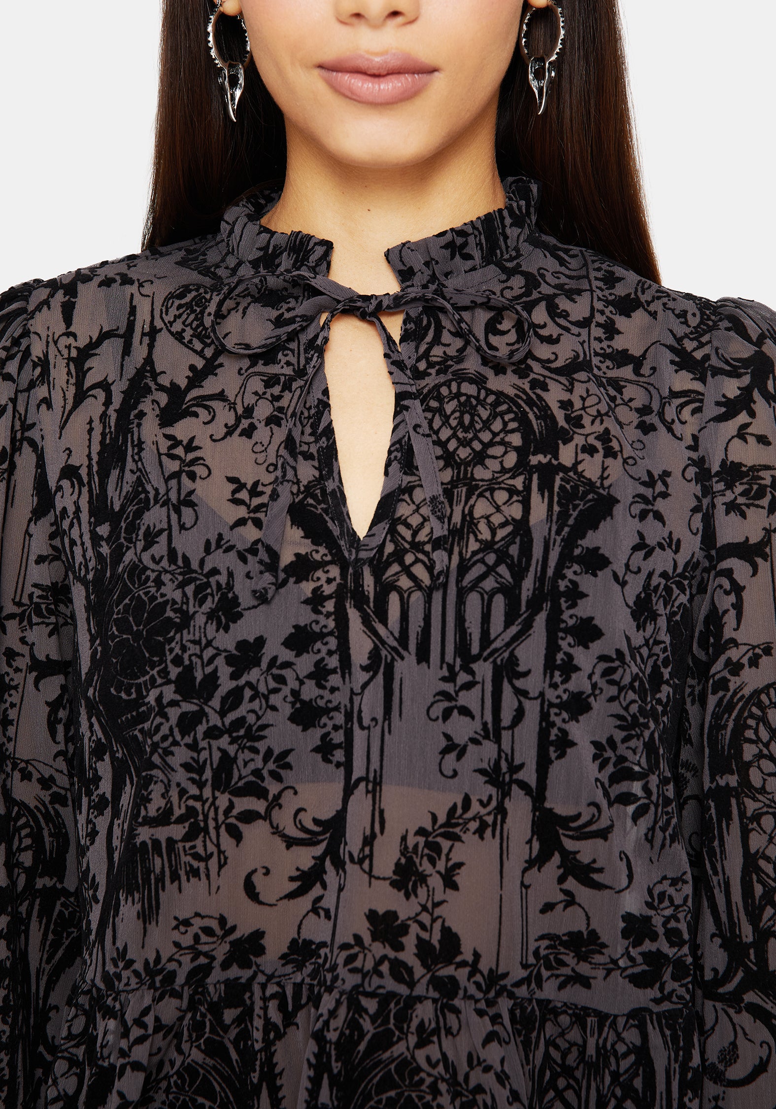 Thorned Flocked Castle Print Chiffon Frill Blouse – Disturbia