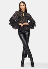 Thorned Flocked Castle Print Chiffon Frill Blouse