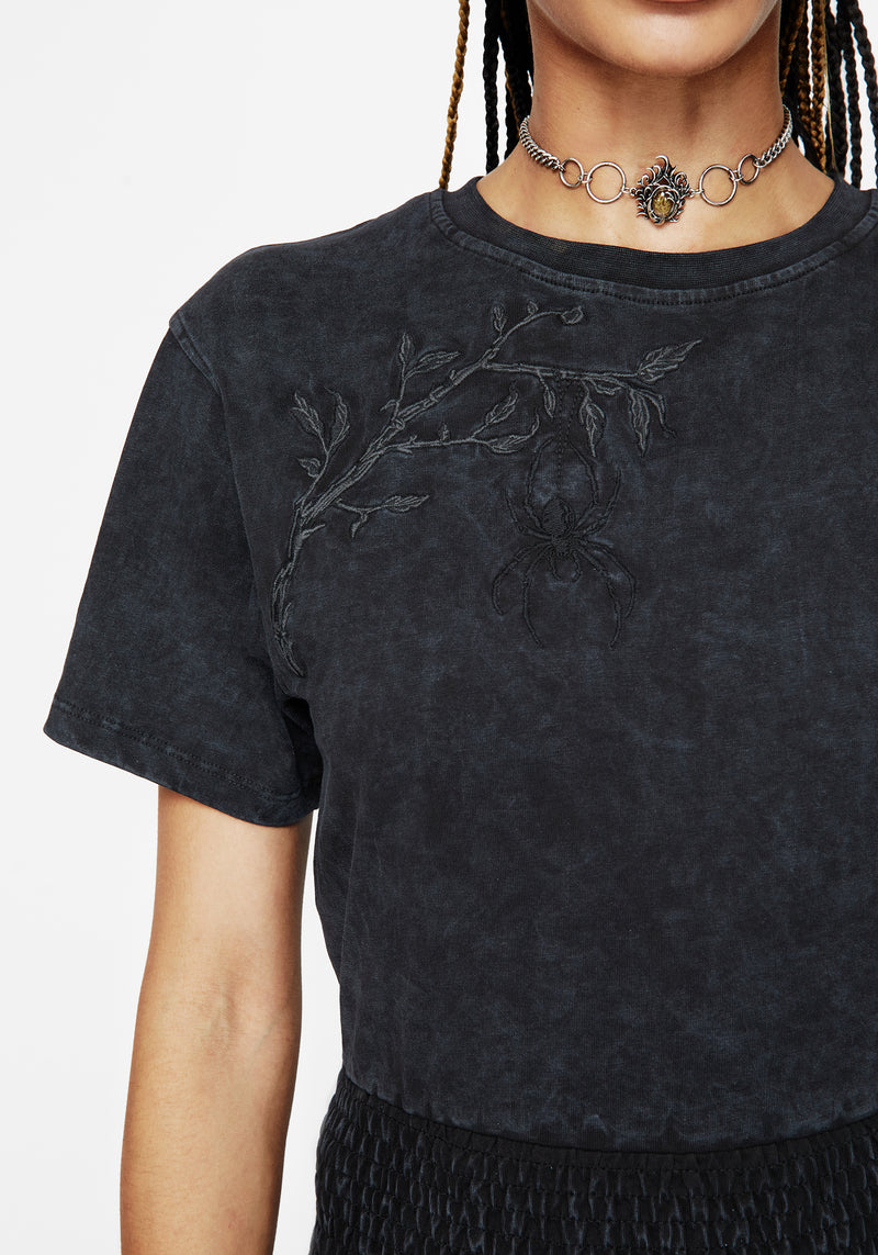 Lamia Spider Embroidered Smock Waist Cotton T-Shirt