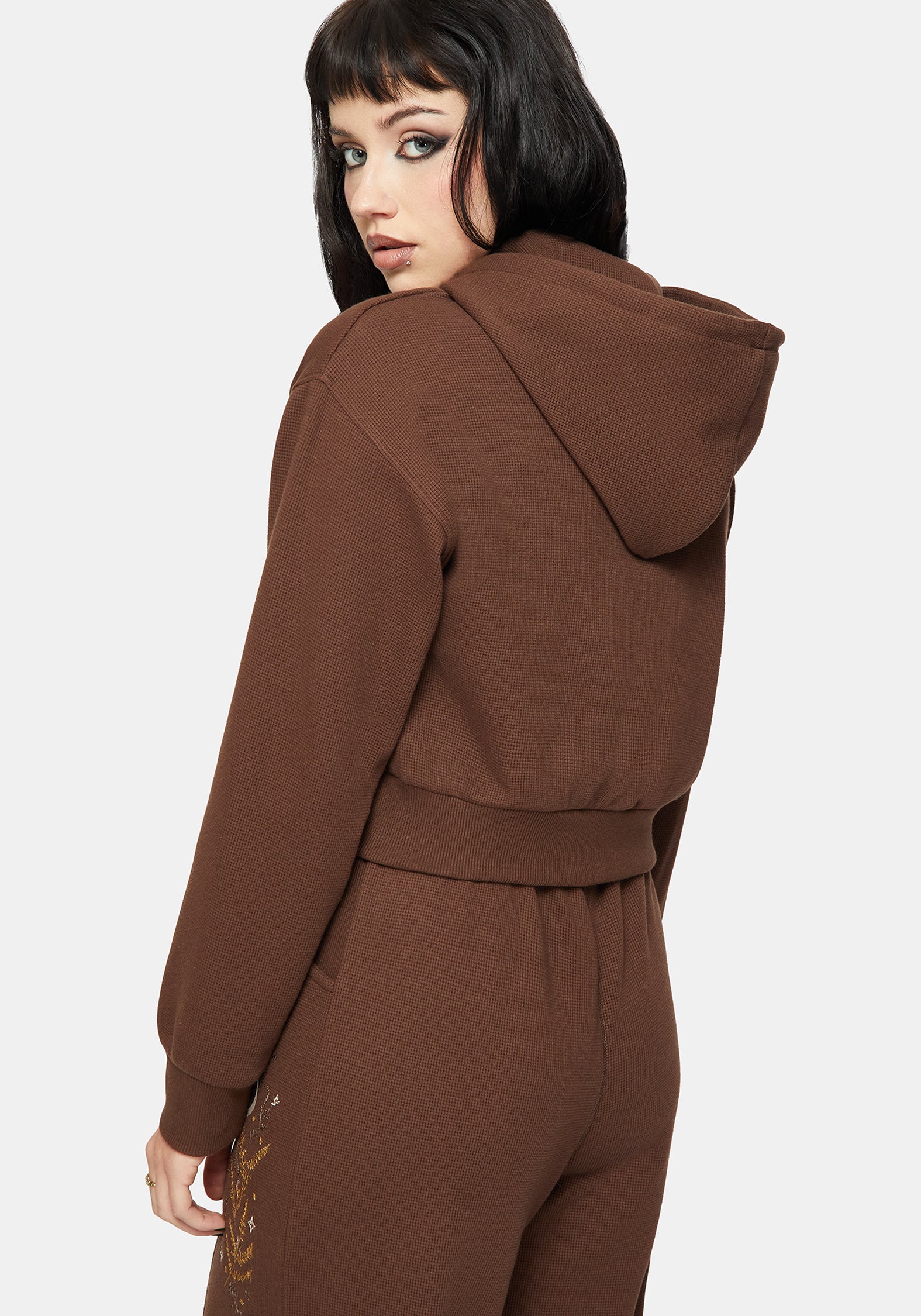 Abellona Waffle Embroidered Cropped Zip Up Hoodie