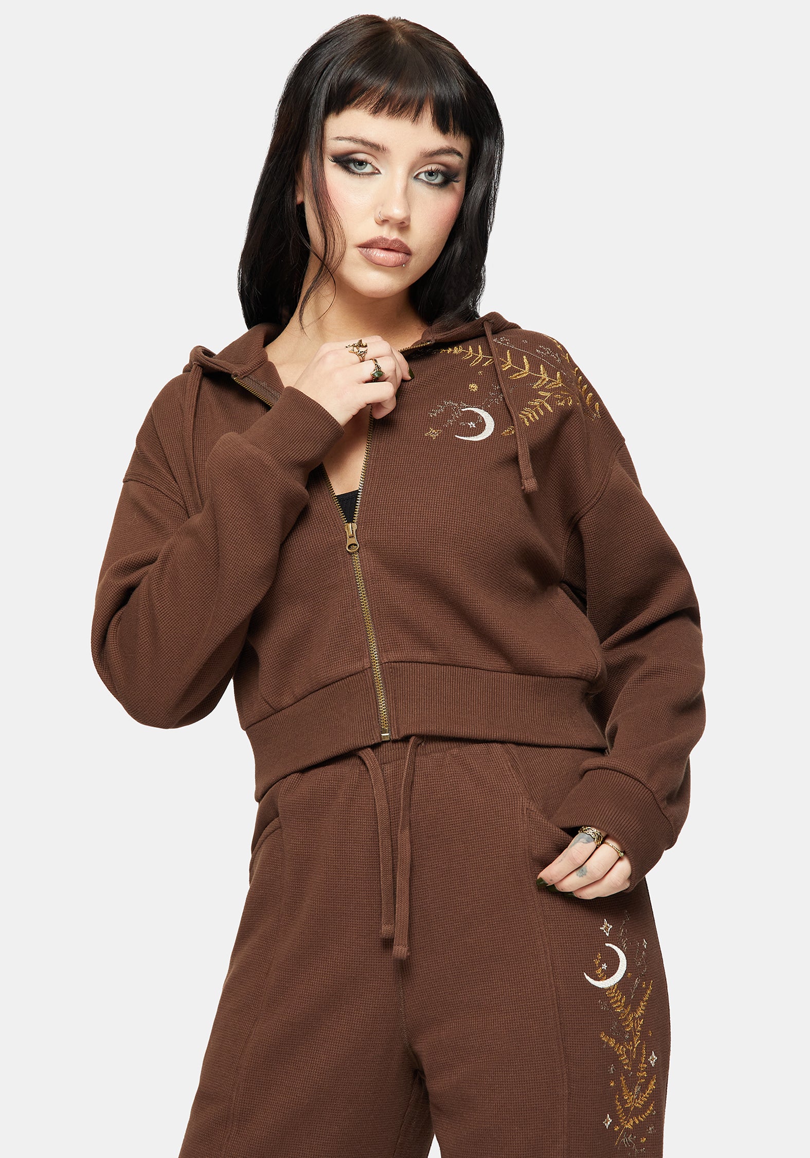 Abellona Waffle Embroidered Cropped Zip Up Hoodie