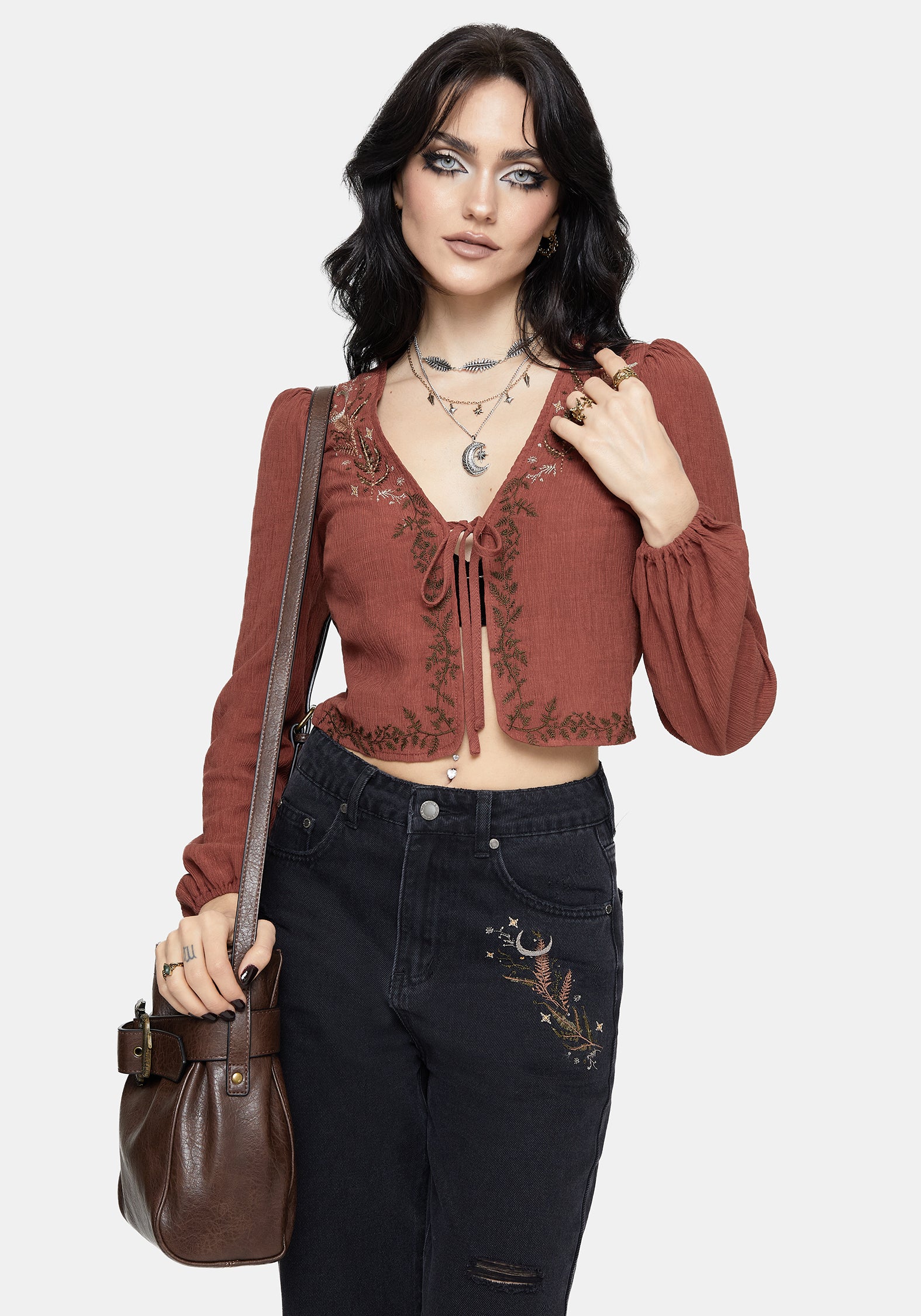 Abellona Embroidered Rust Tie Front Blouse – Disturbia