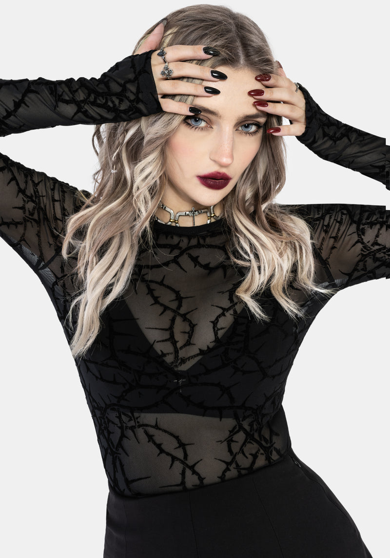 Prickle Thorn Print Mesh Long Sleeve Top - Black – Disturbia
