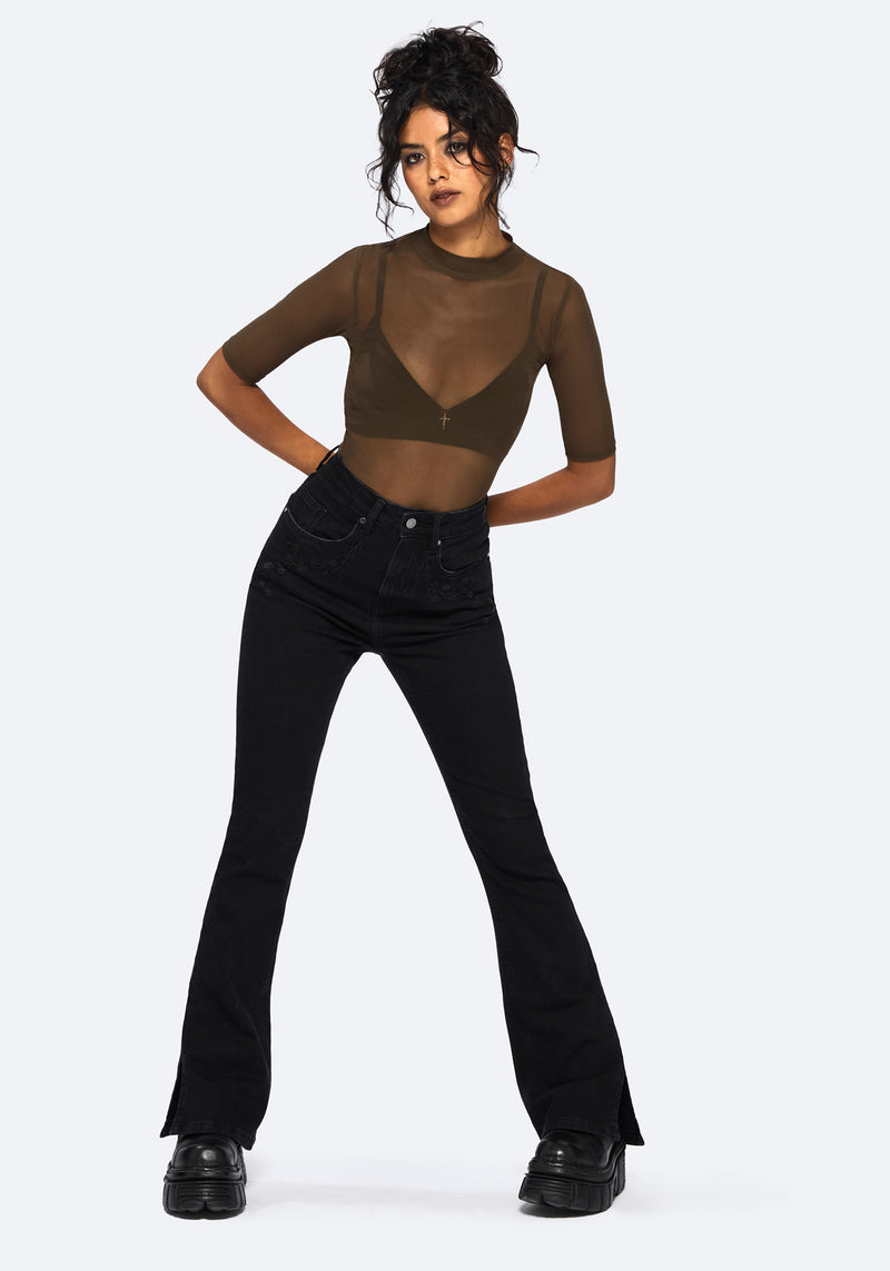 Jinx Mesh Short Sleeve Top - Khaki Green