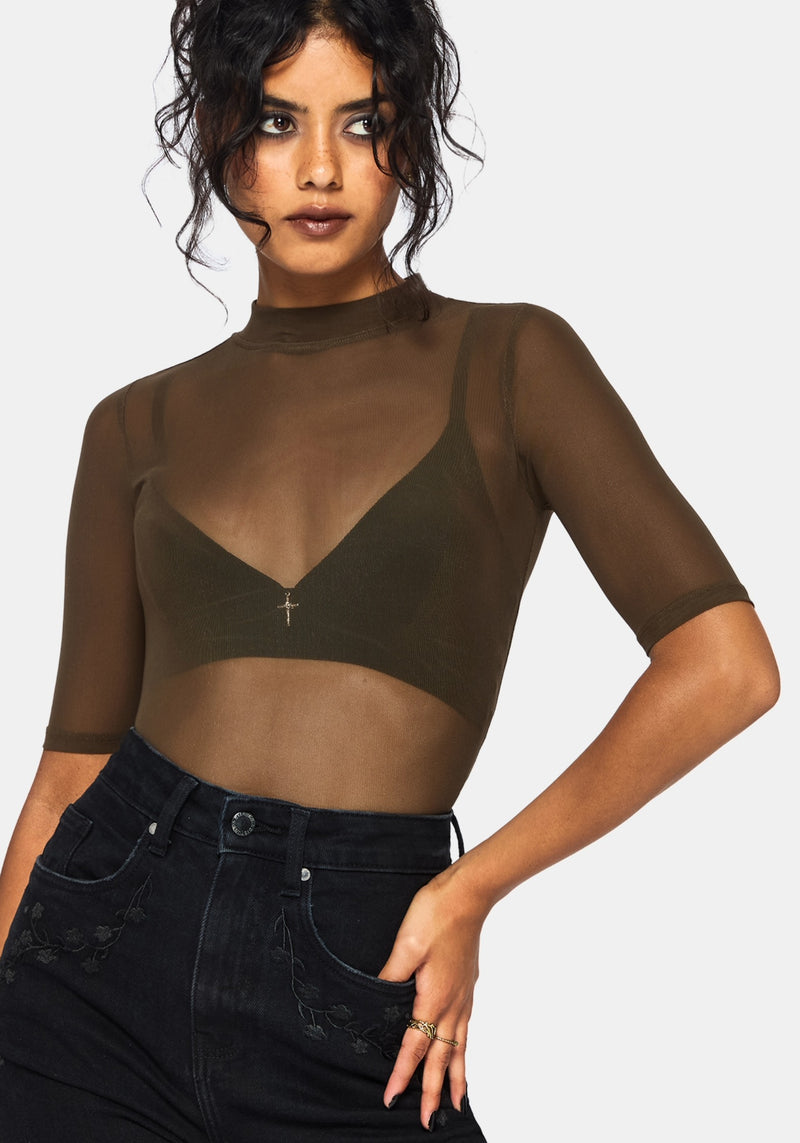 Jinx Mesh Short Sleeve Top - Khaki Green