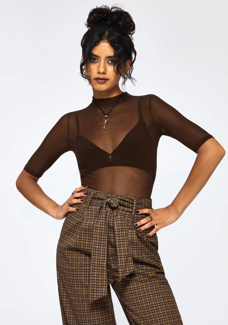 Jinx Mesh Short Sleeve Top - Brown
