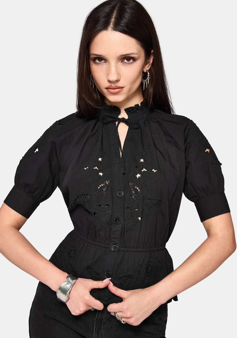 Posy Embroidered Tie Neck Blouse – Disturbia