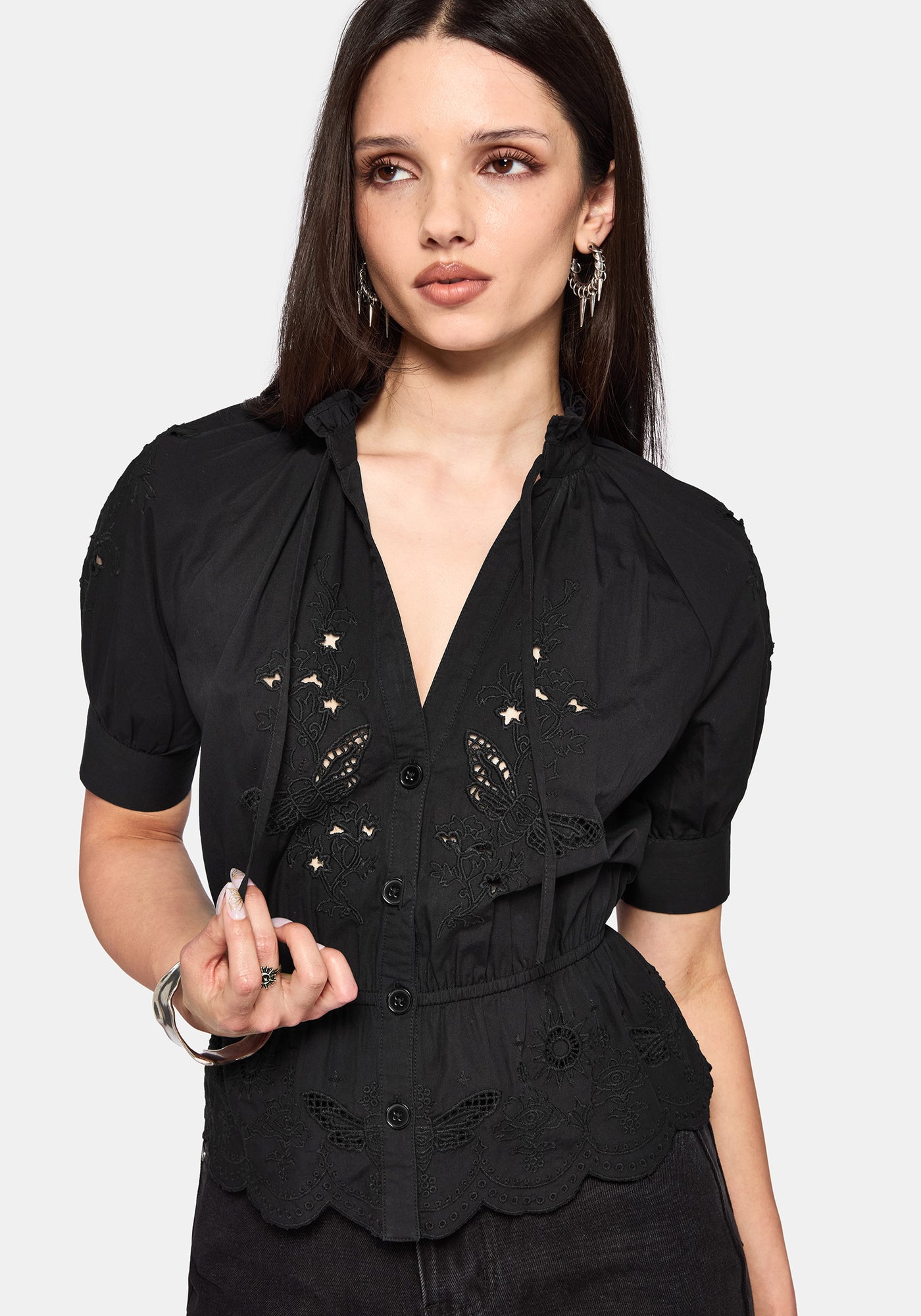 Posy Embroidered Tie Neck Blouse – Disturbia