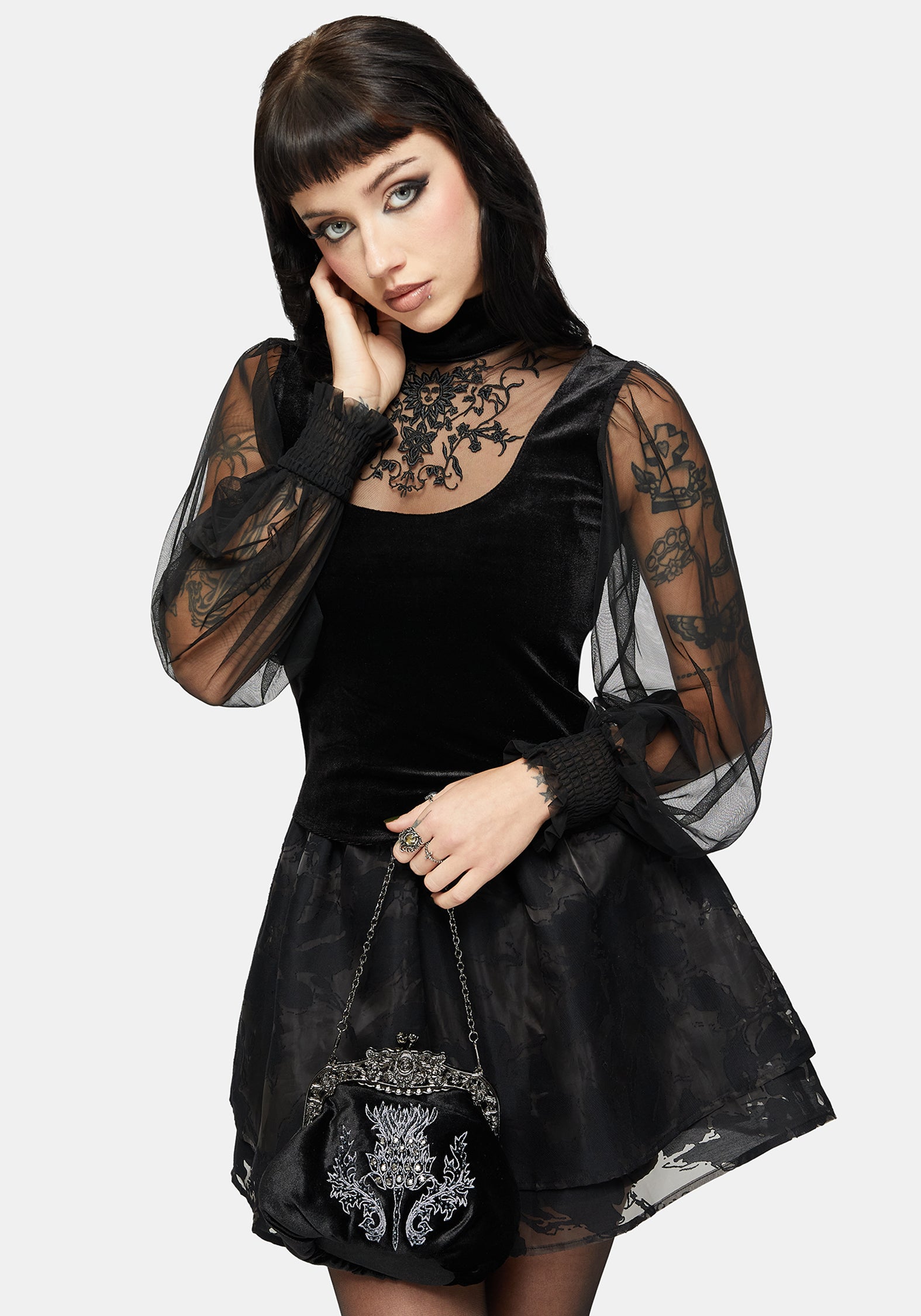 Trixie Velvet Embroidered Long Sleeve Funnel Top