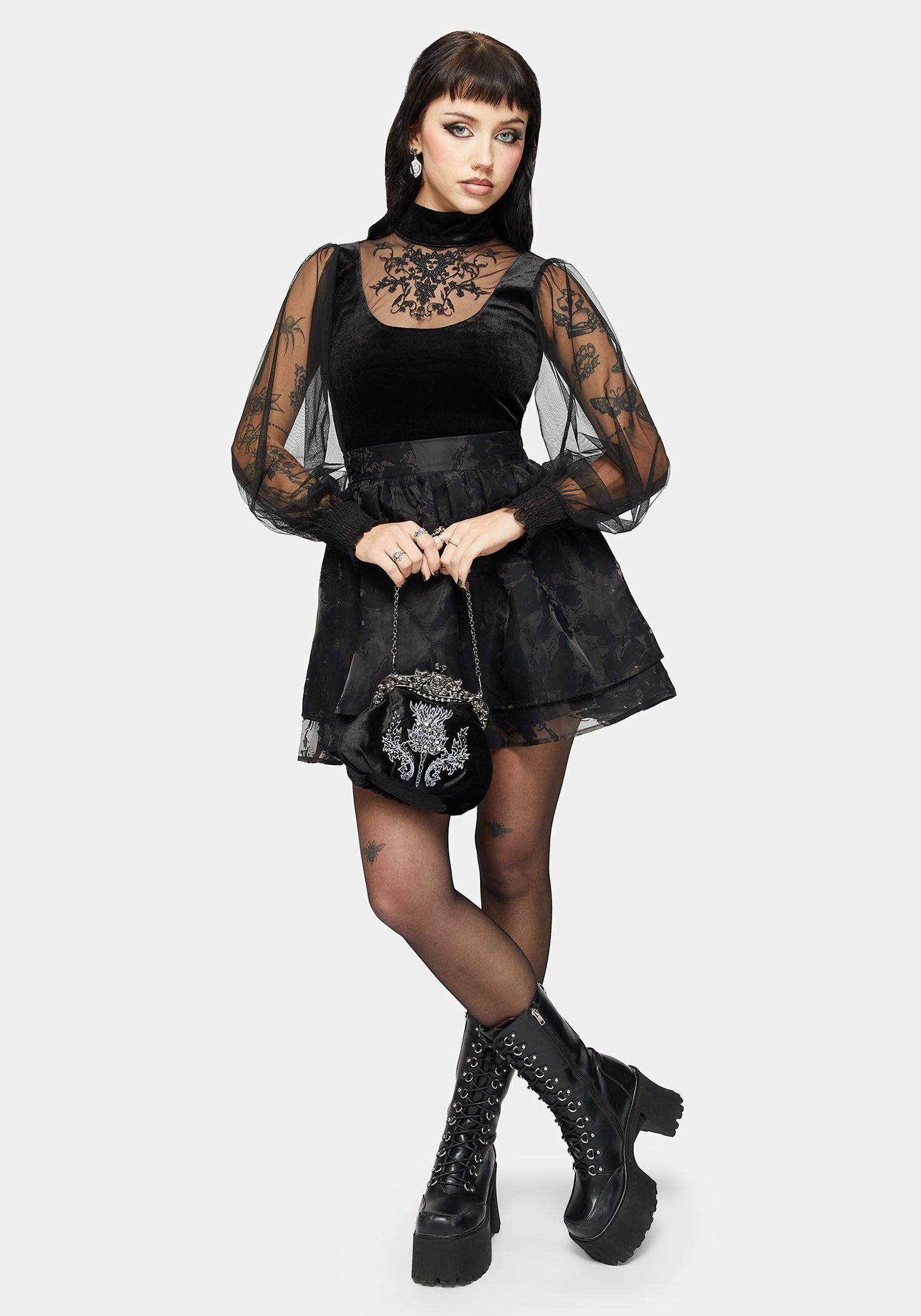Trixie Velvet Embroidered Long Sleeve Funnel Top – Disturbia