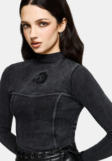 Uma Embroidered Seamed Ribbed Long Sleeved Top
