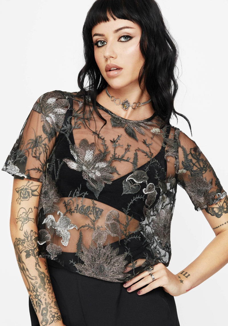 Estrid Embroidered Mesh Tie Back Blouse Top - Silver