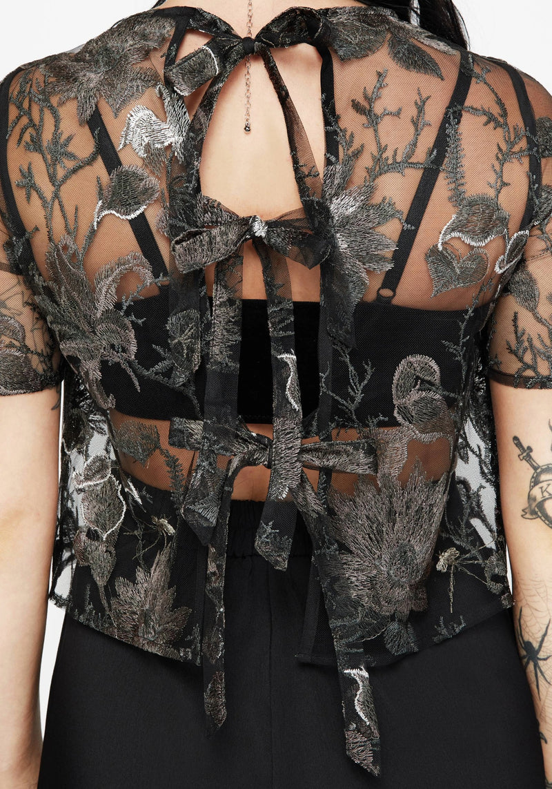 Estrid Embroidered Mesh Tie Back Blouse Top - Silver