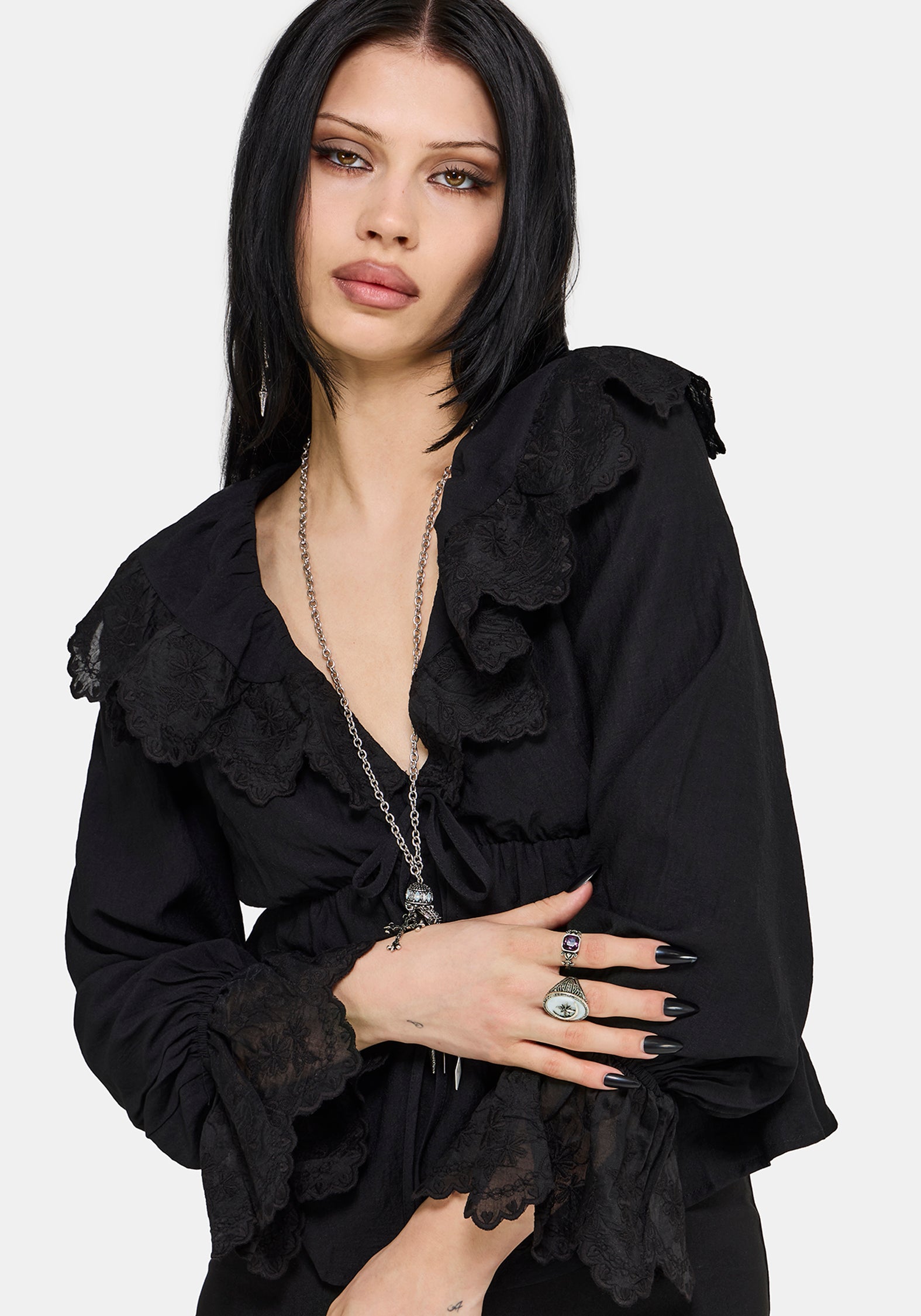 Ottie Ruffle Neck Tie Front Blouse – Disturbia
