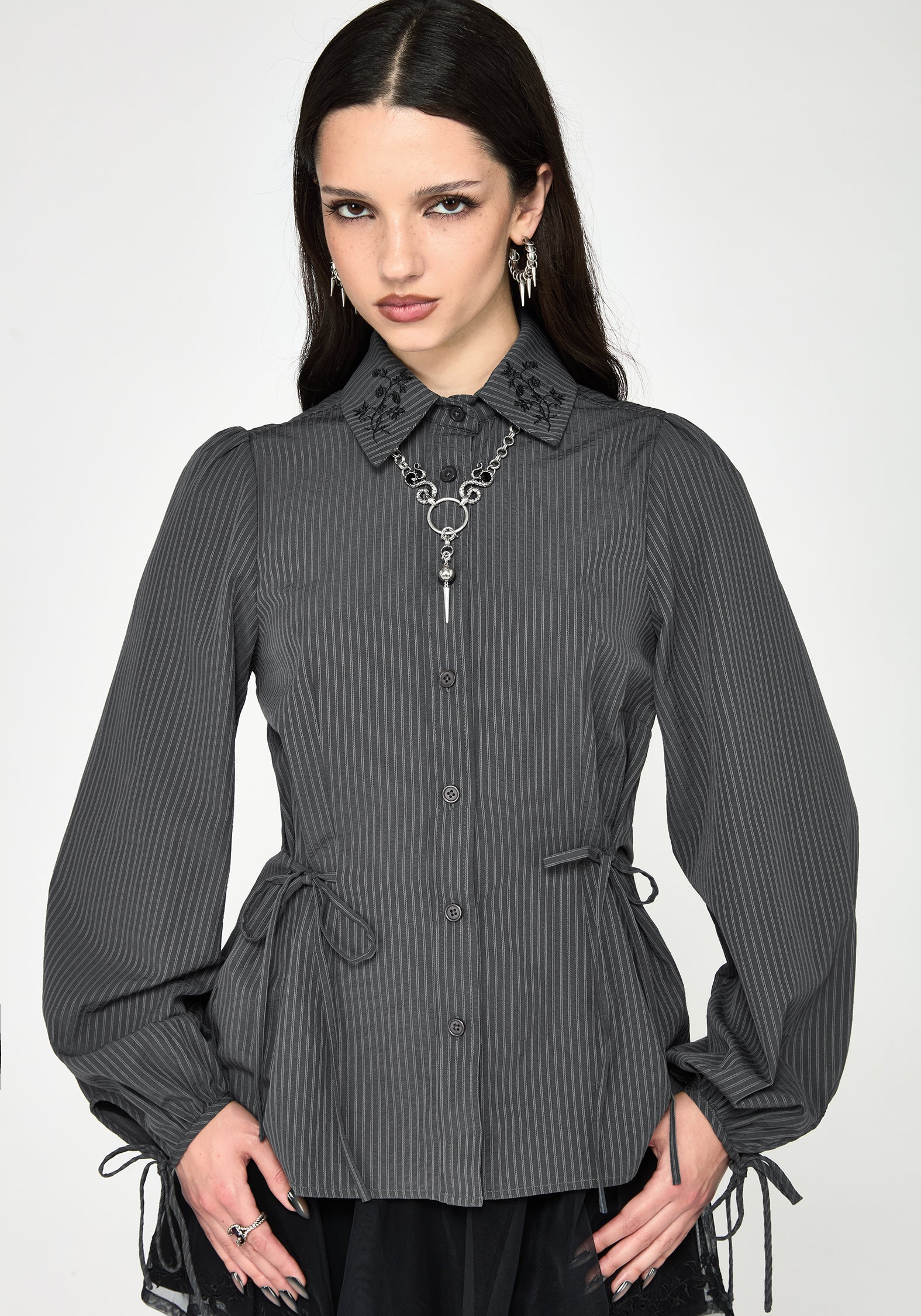 black pinstripe dress shirt Jesse Kamm Alberta Shirt, Midnight Glasswing Non-Iron Cotton Stripe Dress Shirt