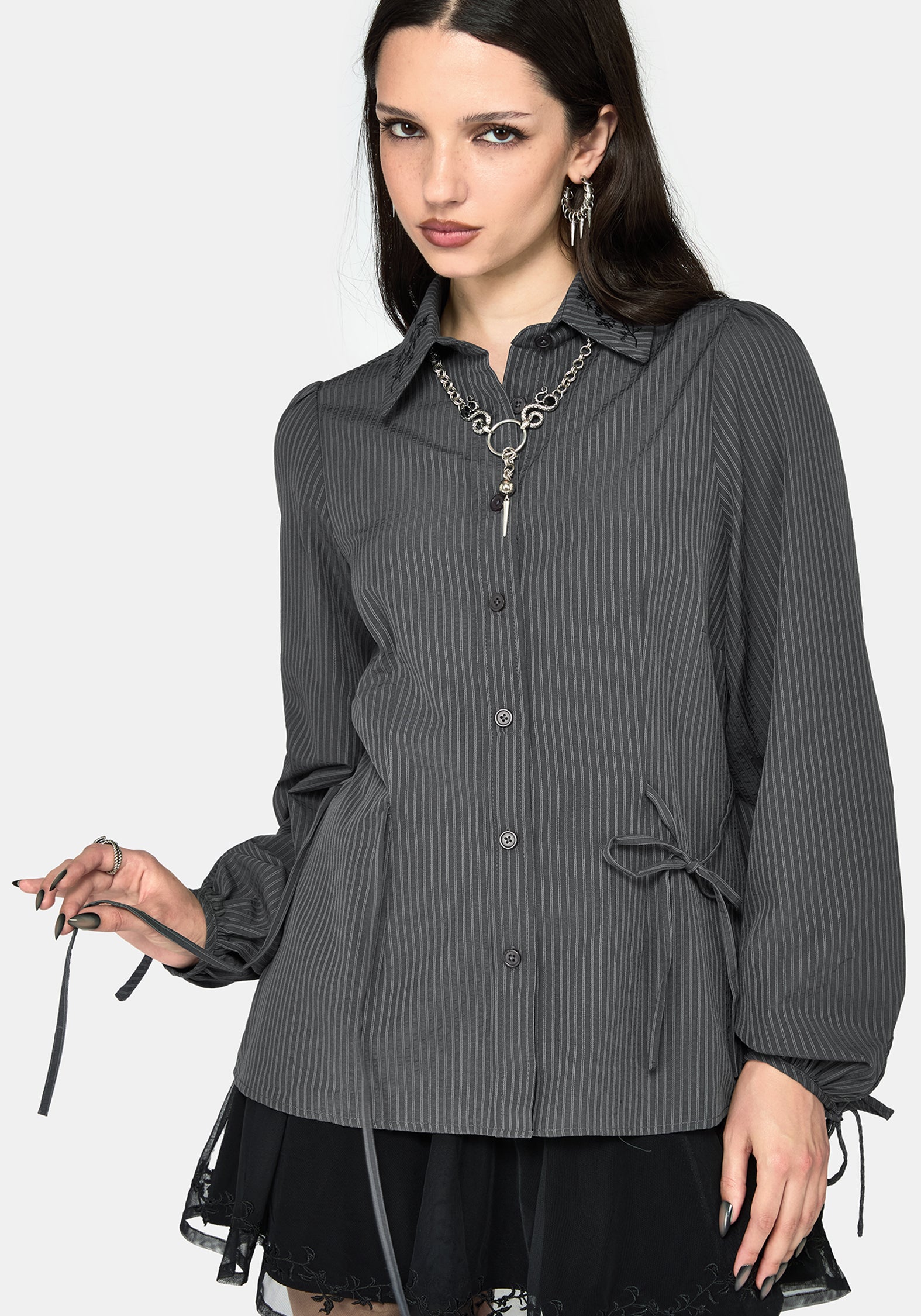 Penny Pinstripe Charcoal Tie Side Shirt – Disturbia