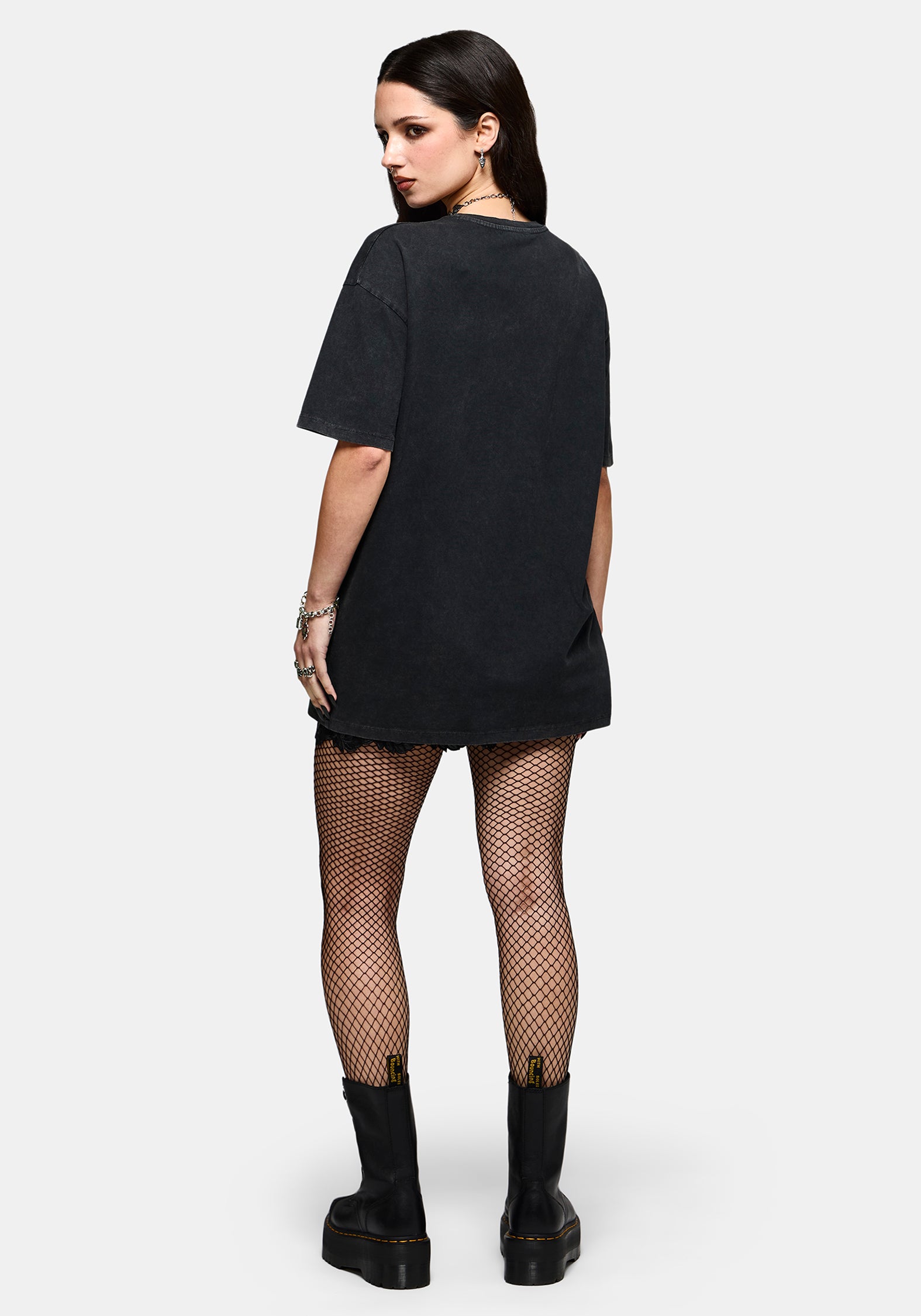 black t shirt dress with leggings Black wet look leggings and beige shirt dress & link up