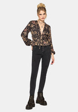 Triple Goddess Print Tie Front Blouse
