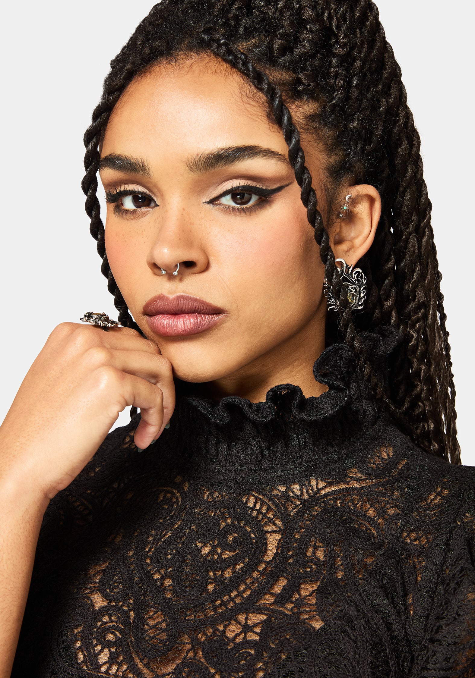 Lyra Lace Ruched High Neck Blouse - Black – Disturbia