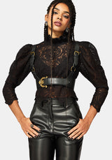 Lyra Lace Ruched High Neck Blouse - Black