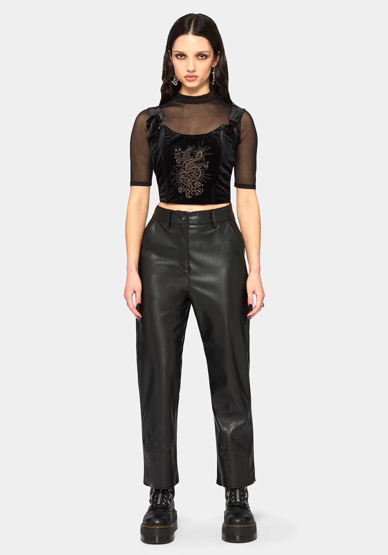 Kobra Velour Embroidered Tie Strap Corset Top