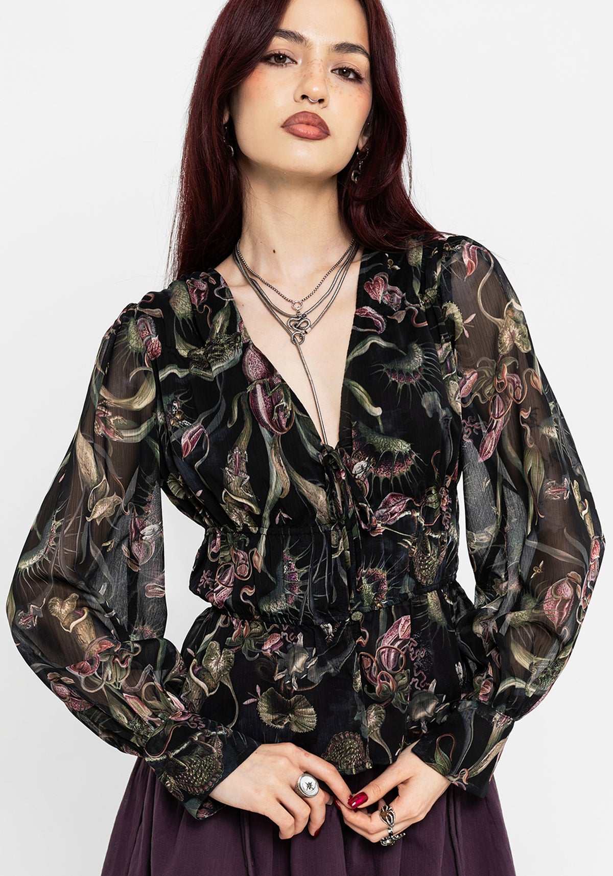 Dionaea Flytrap Print Ruched Button Down Top