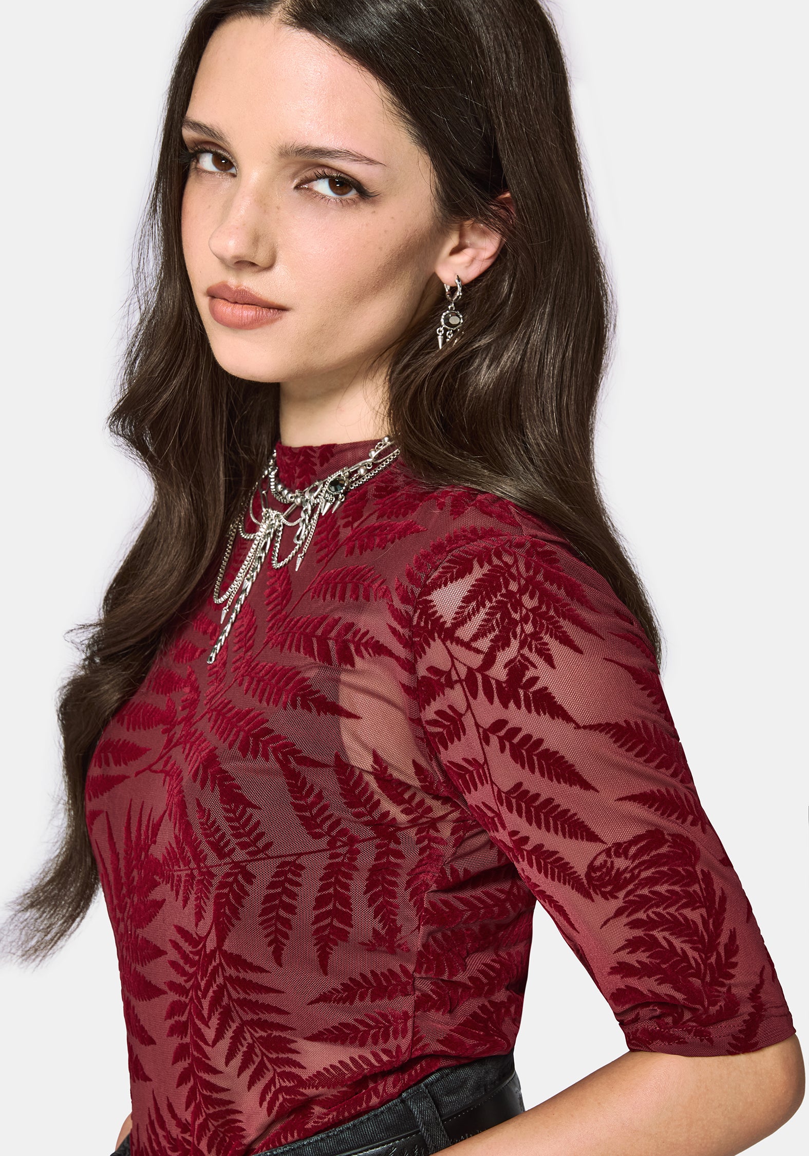 Blamain ブルマリン　アンナモリナーリ　トップス　フォクシー セブンテン Lunafern Flocked Fern Short Sleeve Mesh Top - Burgundy – Disturbia