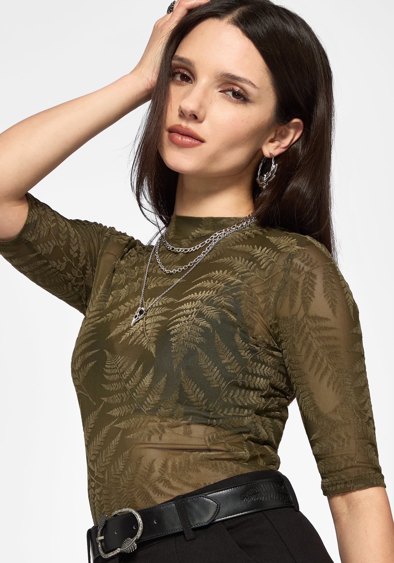 Lunafern Flocked Fern Short Sleeve Mesh Top - Green