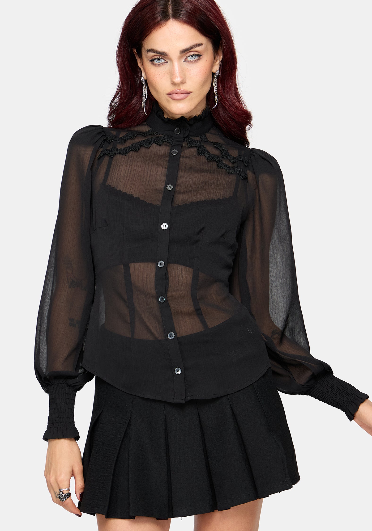 トップス Hella sheer volume tops Zia Chiffon Sheer Lace Trim Shirt – Disturbia