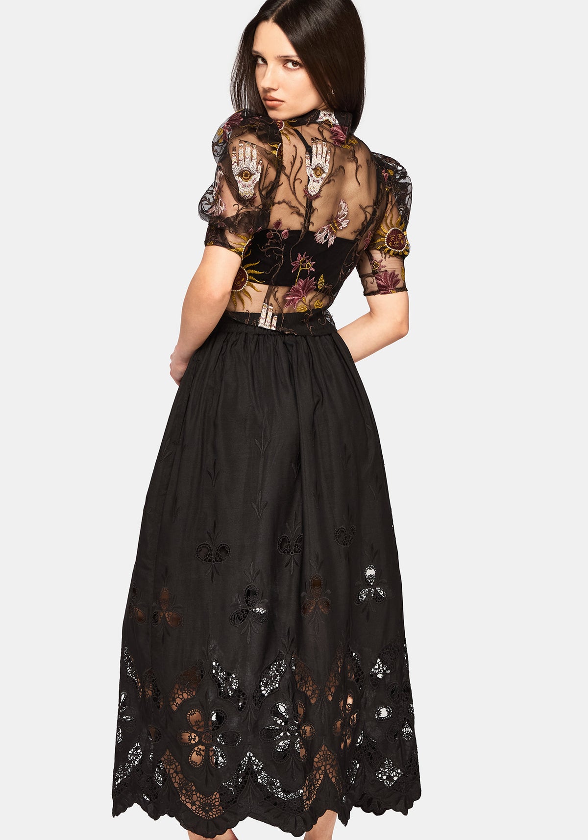elegant red dress with sleeves Scoop Neck Chiffon Flutter Sleeve Embroidered A-line Dress missy / 12 / shell