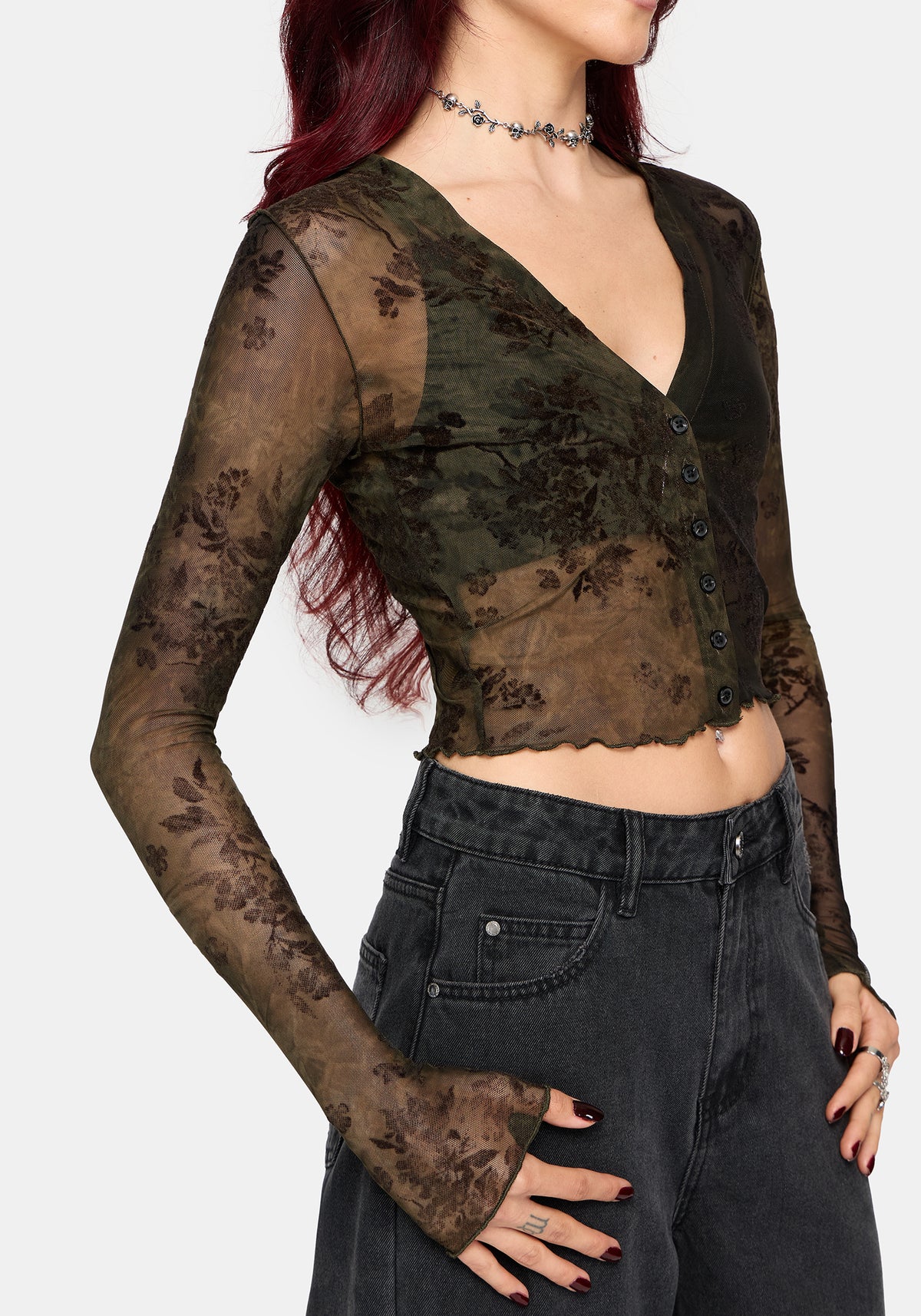 Zuri Button Down Lace Printed Shirt - Green