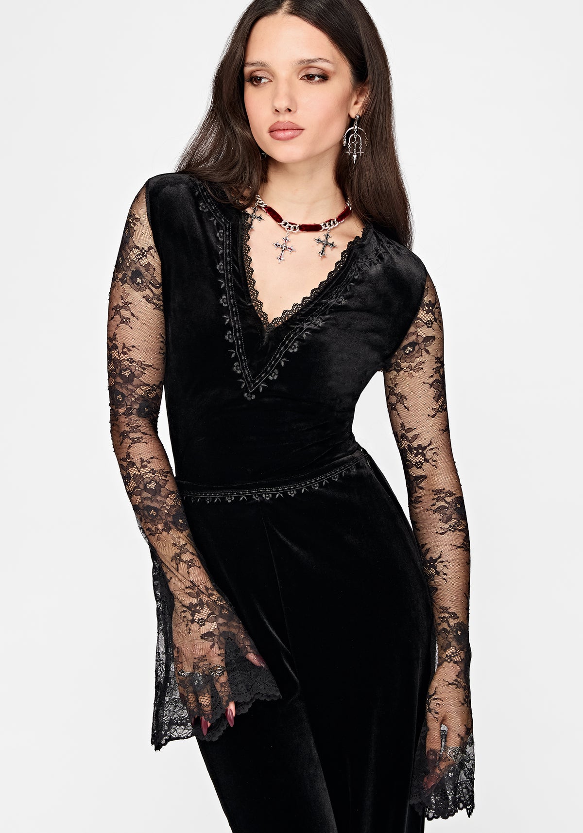 Velis Embroidered Long Sleeve Velour Bodysuit