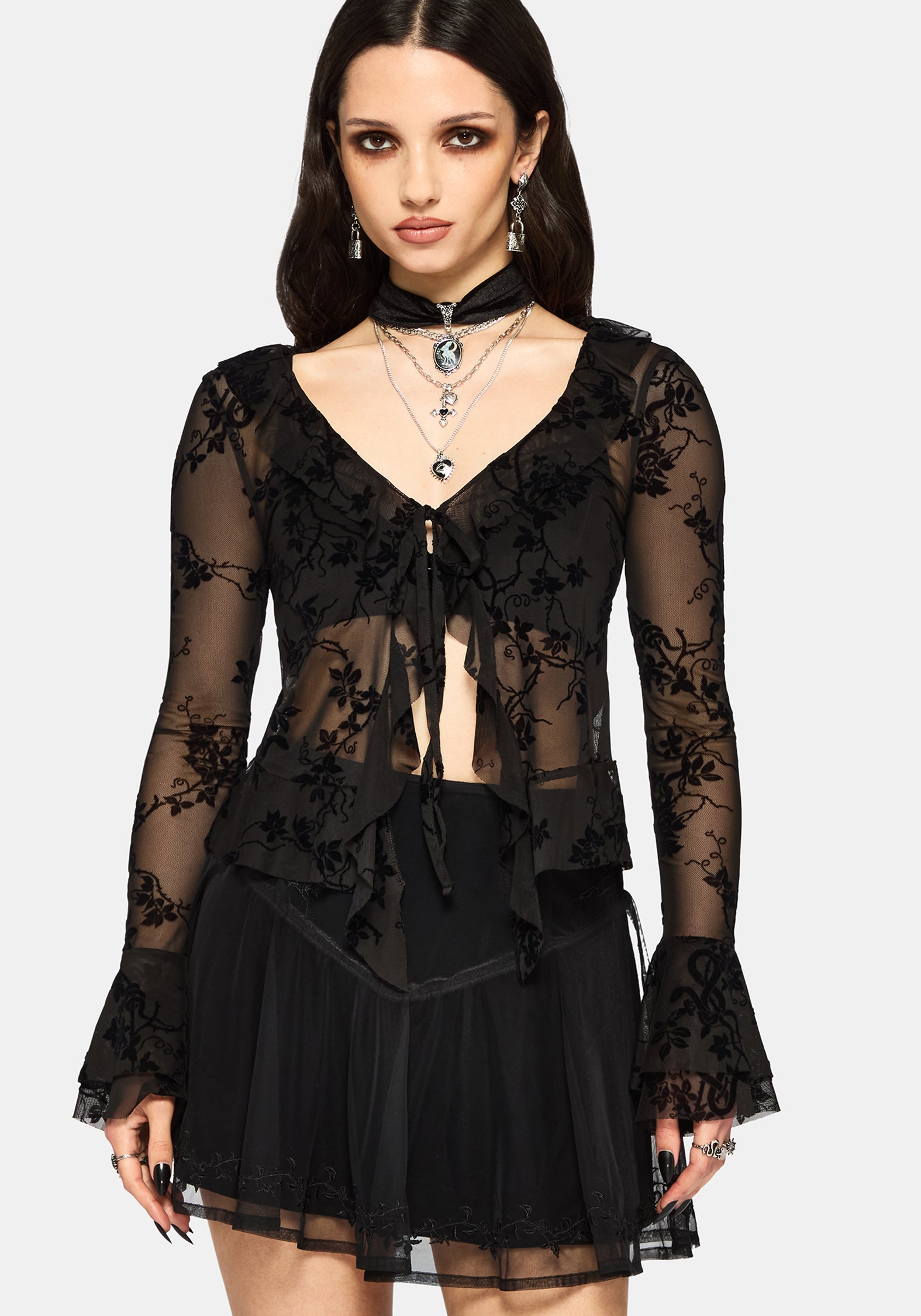 Saski Thorn Flock Mesh Tie Front Top