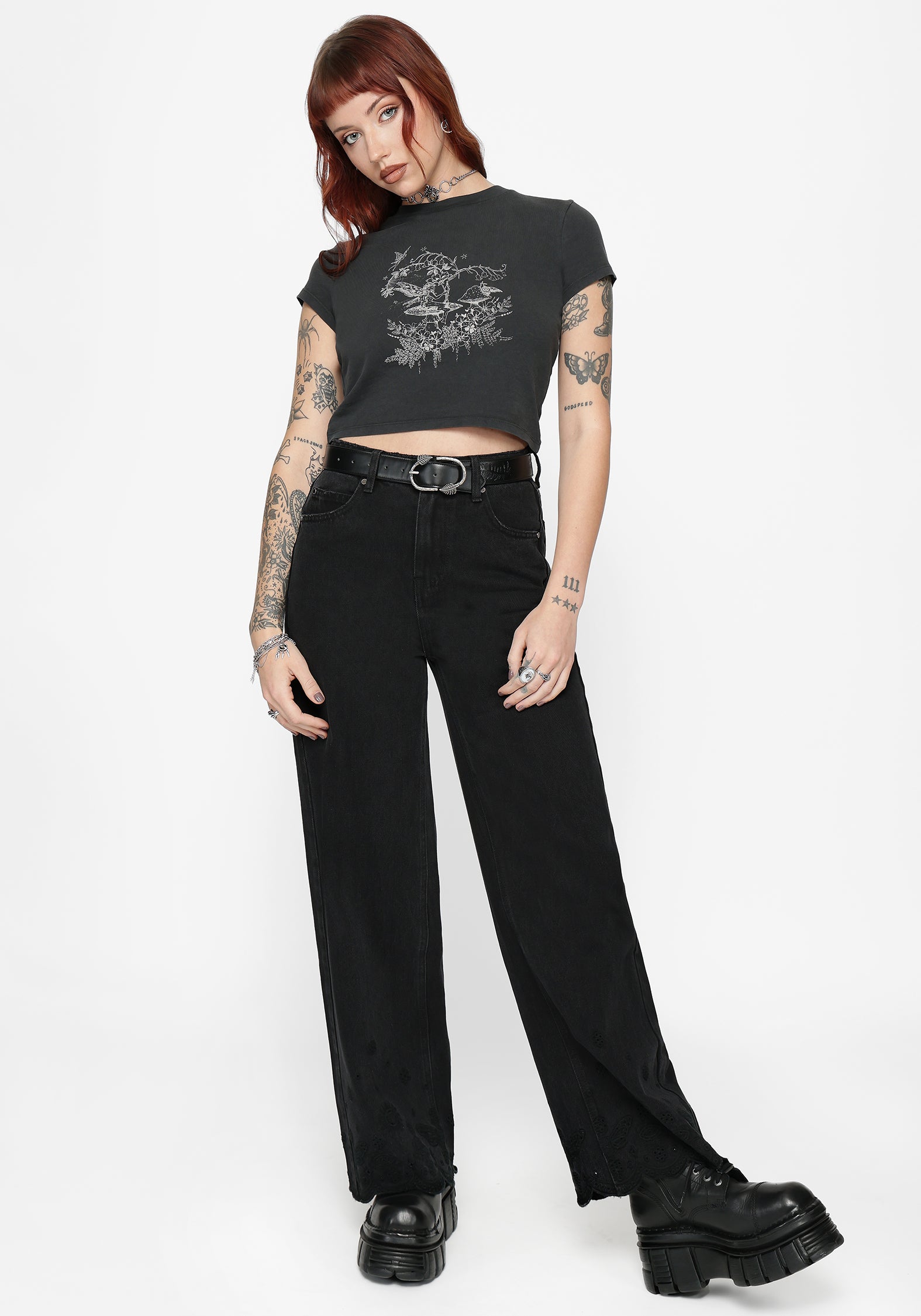 Maypole Fairy Print Crop T-Shirt - Black