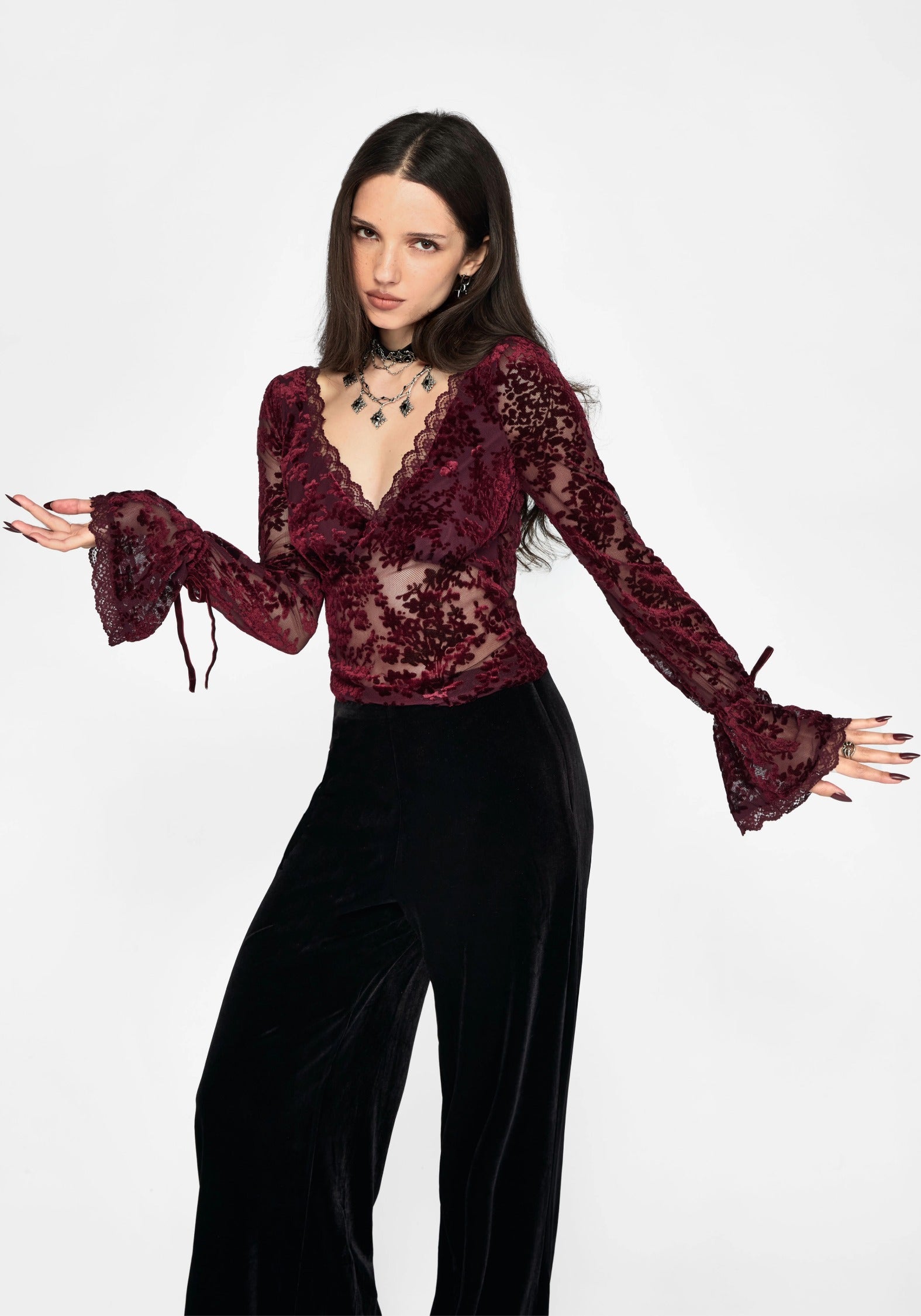 Delilah Corded Flock Long Sleeve Blouse