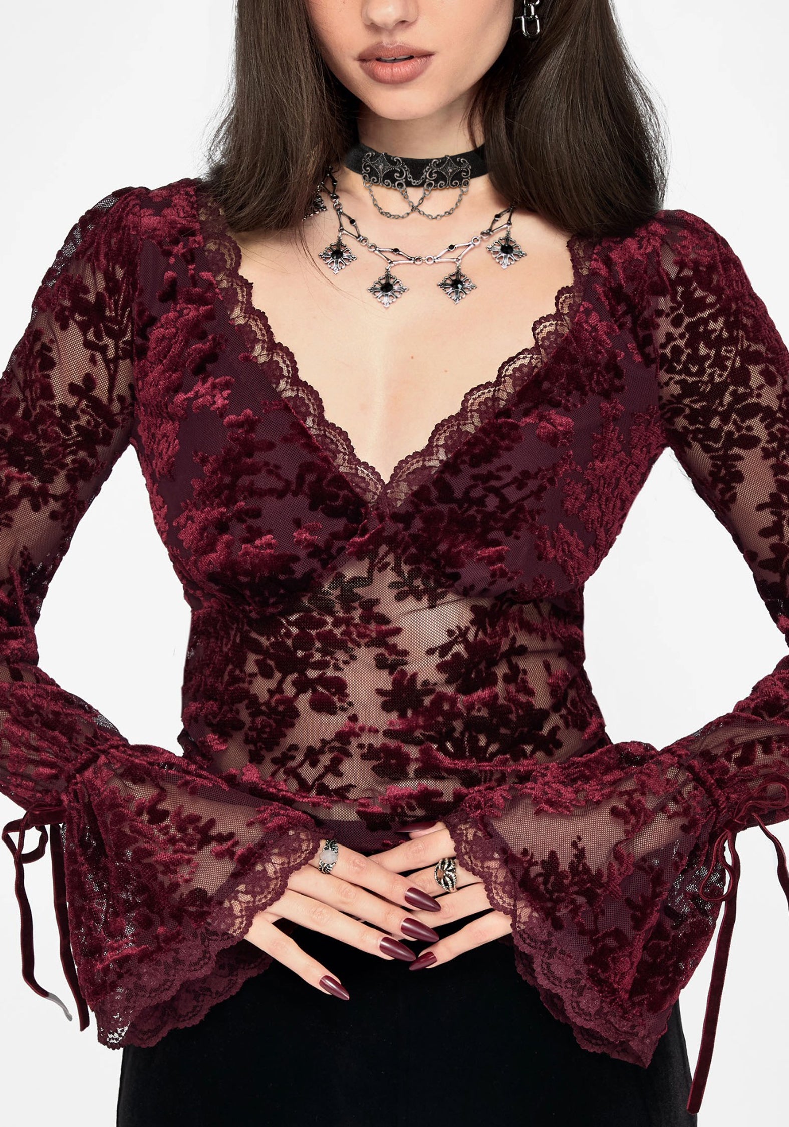 Delilah Corded Flock Long Sleeve Blouse