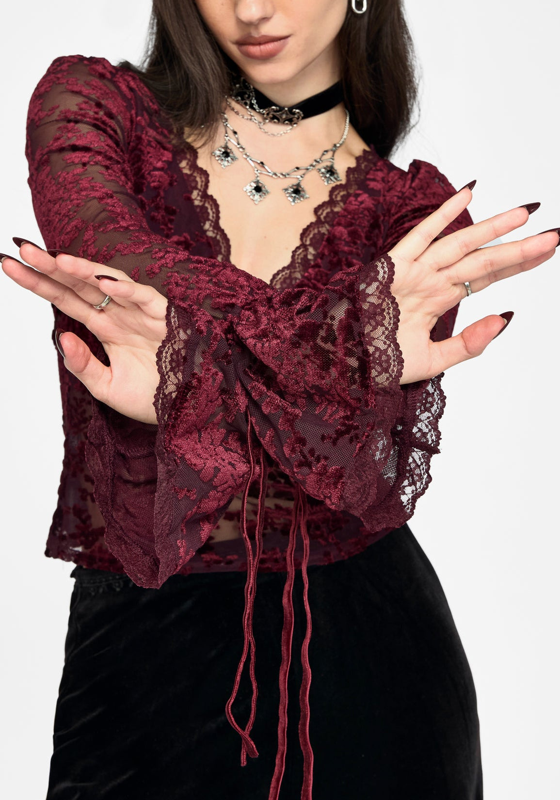 Delilah Corded Flock Long Sleeve Blouse