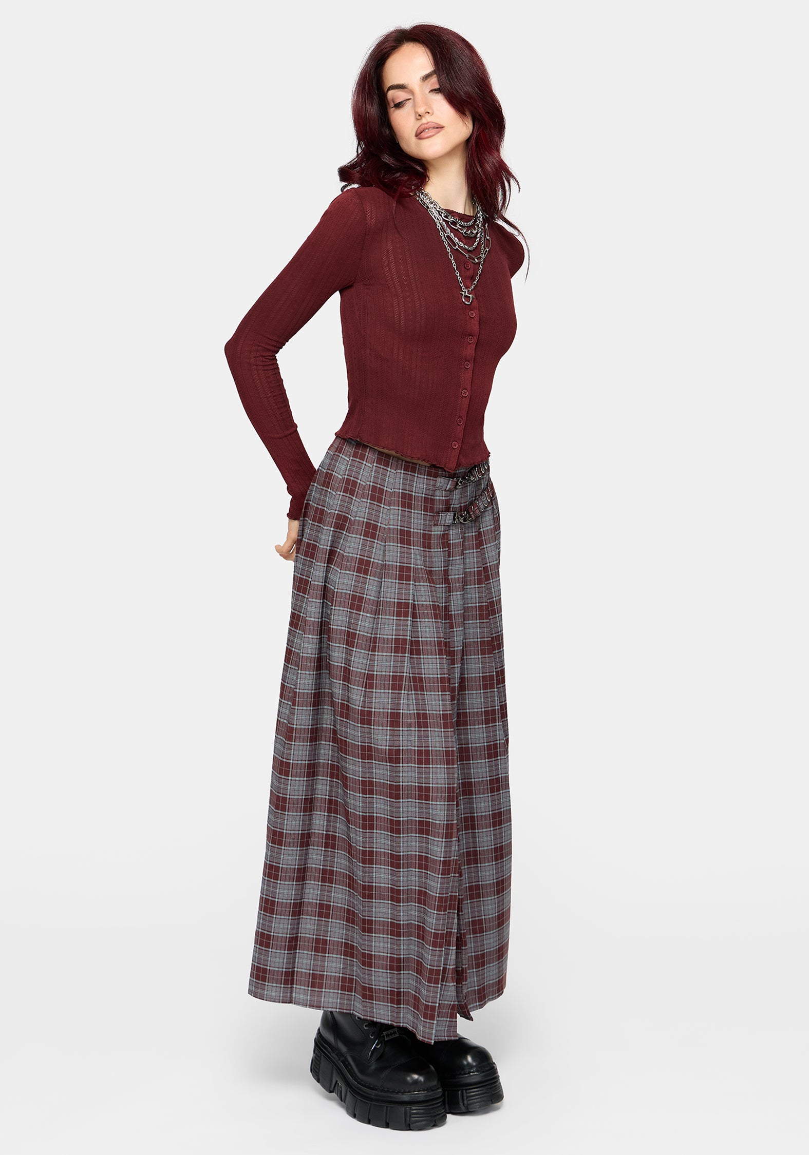 Lucera Pointelle Long Sleeve Cardigan - Red