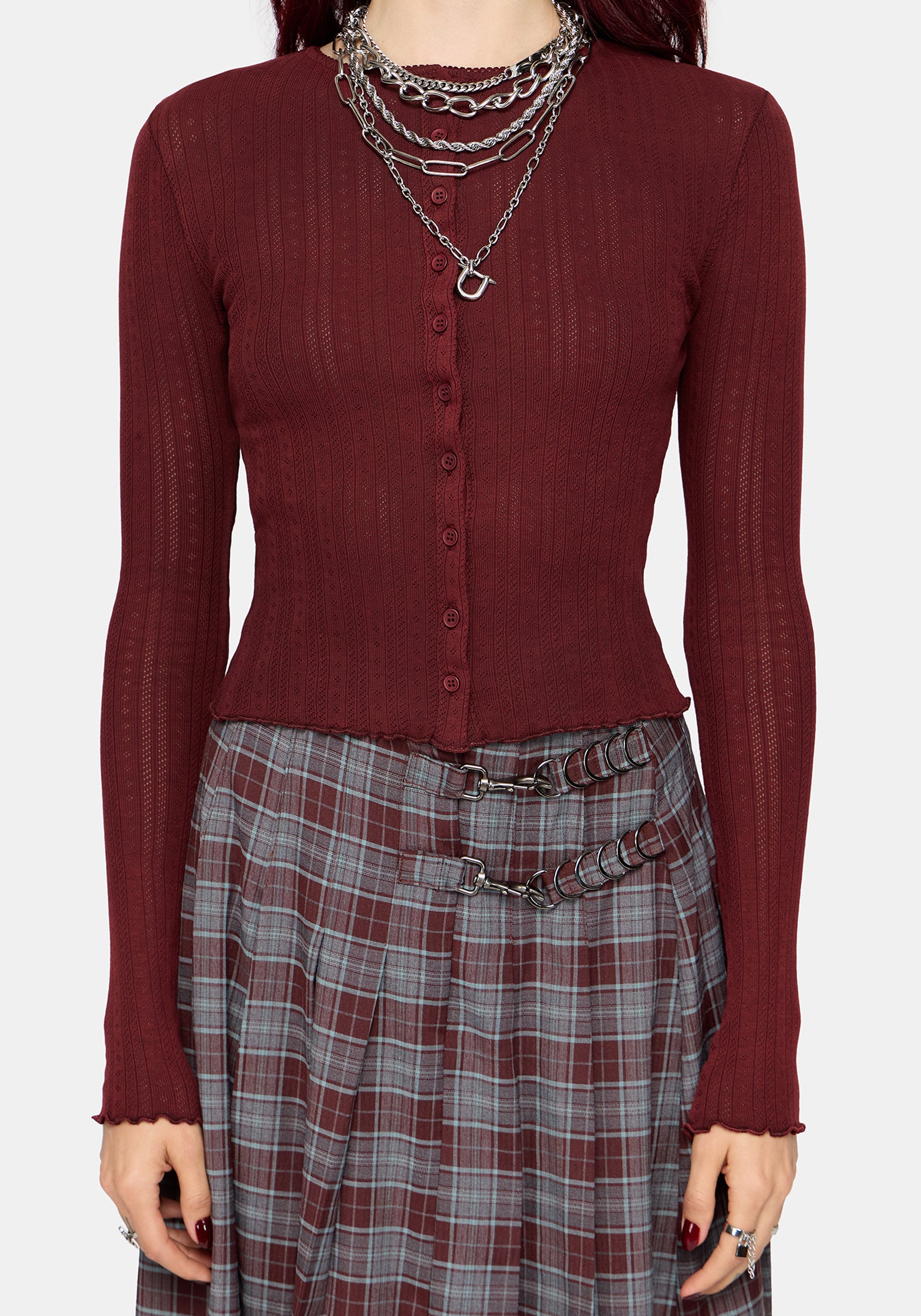Lucera Pointelle Long Sleeve Cardigan - Red
