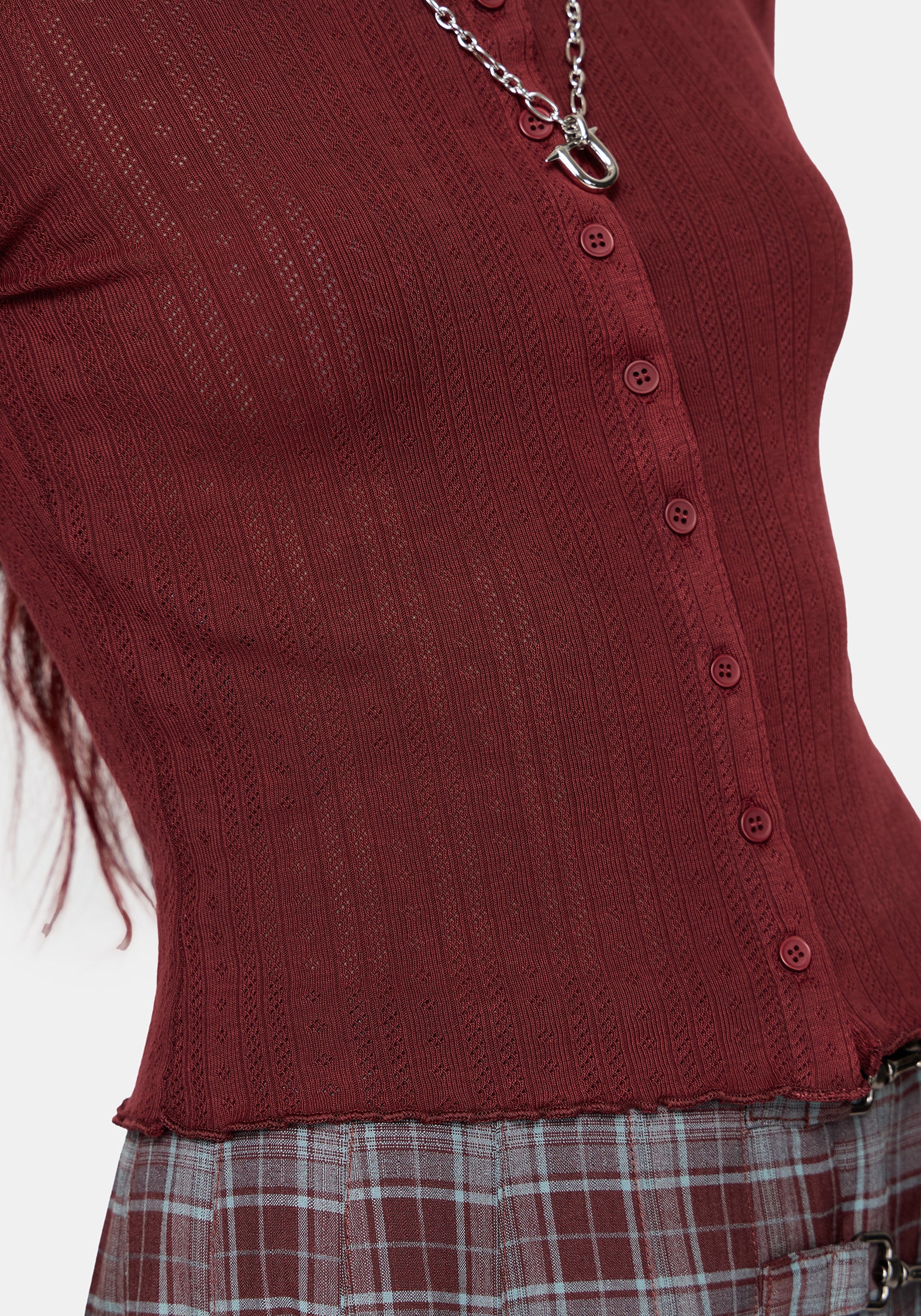 Lucera Pointelle Long Sleeve Cardigan - Red
