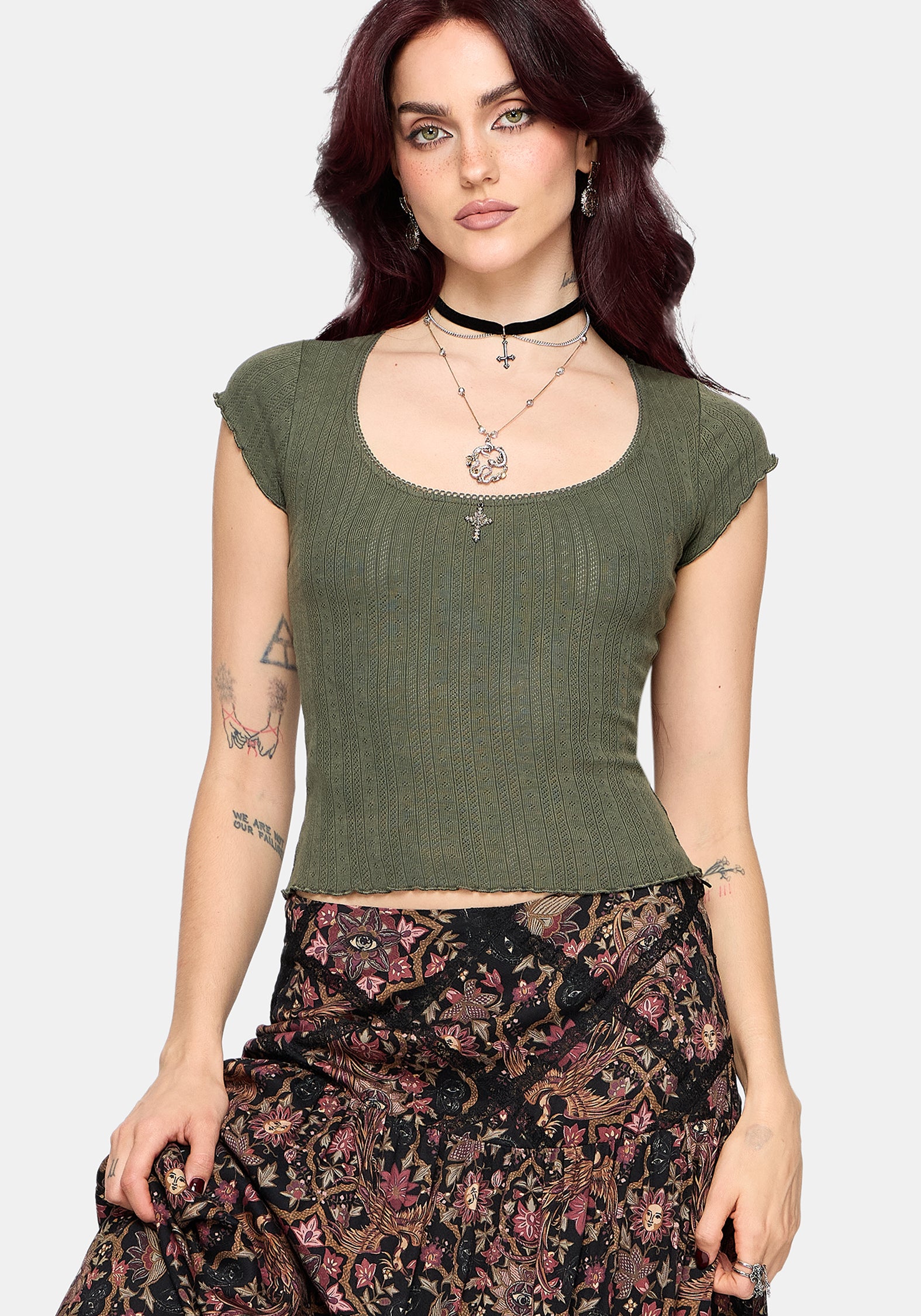 Lucera Short Sleeve Pointelle Scoop Neck Top - Khaki