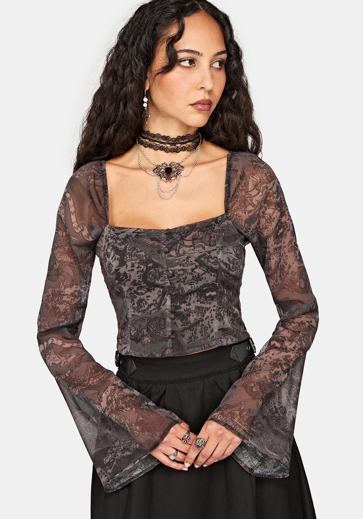 Disturbia x The Witcher Rivia Print Chiffon Top