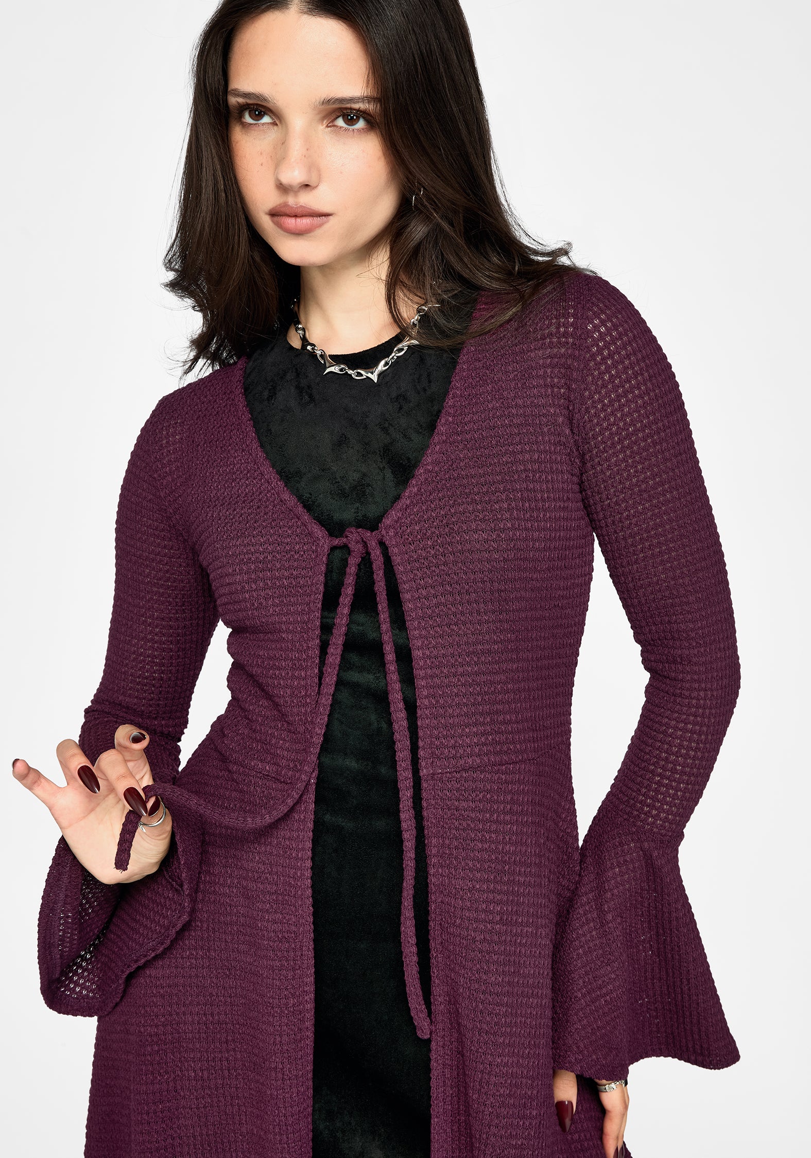 Xana Textured Tie Front Long Cardigan - Purple – Disturbia