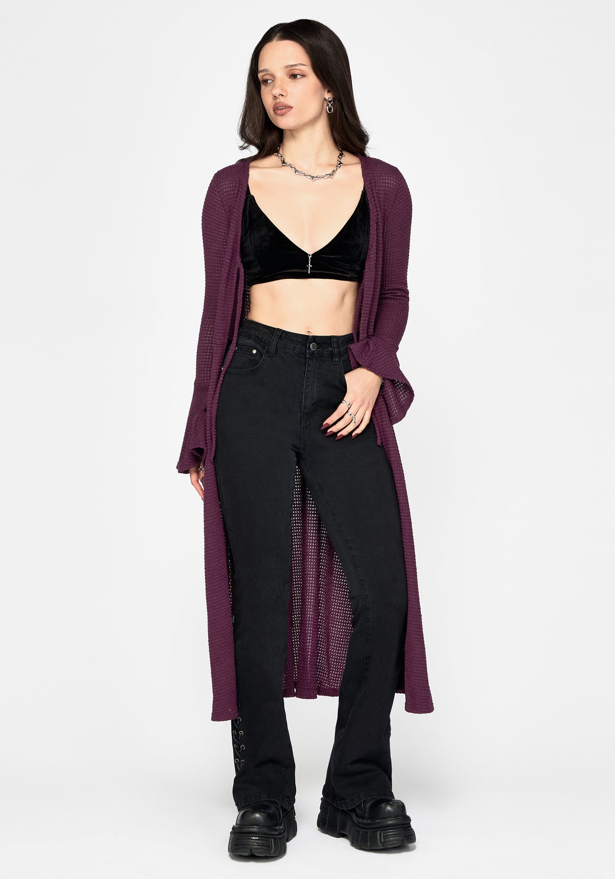 Xana Textured Tie Front Long Cardigan - Purple