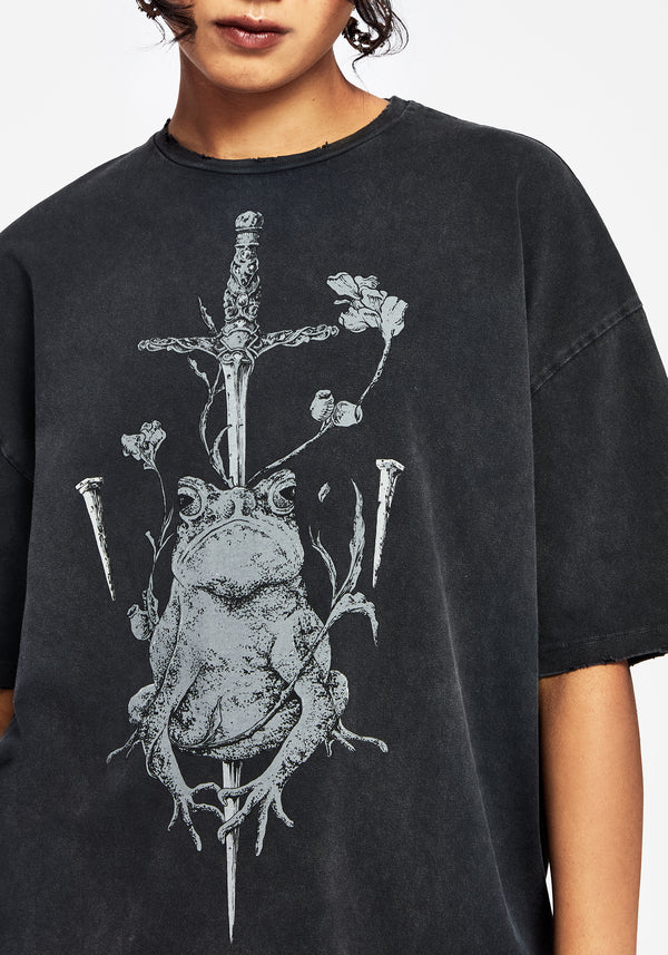 Anura Oversized Acid Wash Frog Graphic Print T-shirt