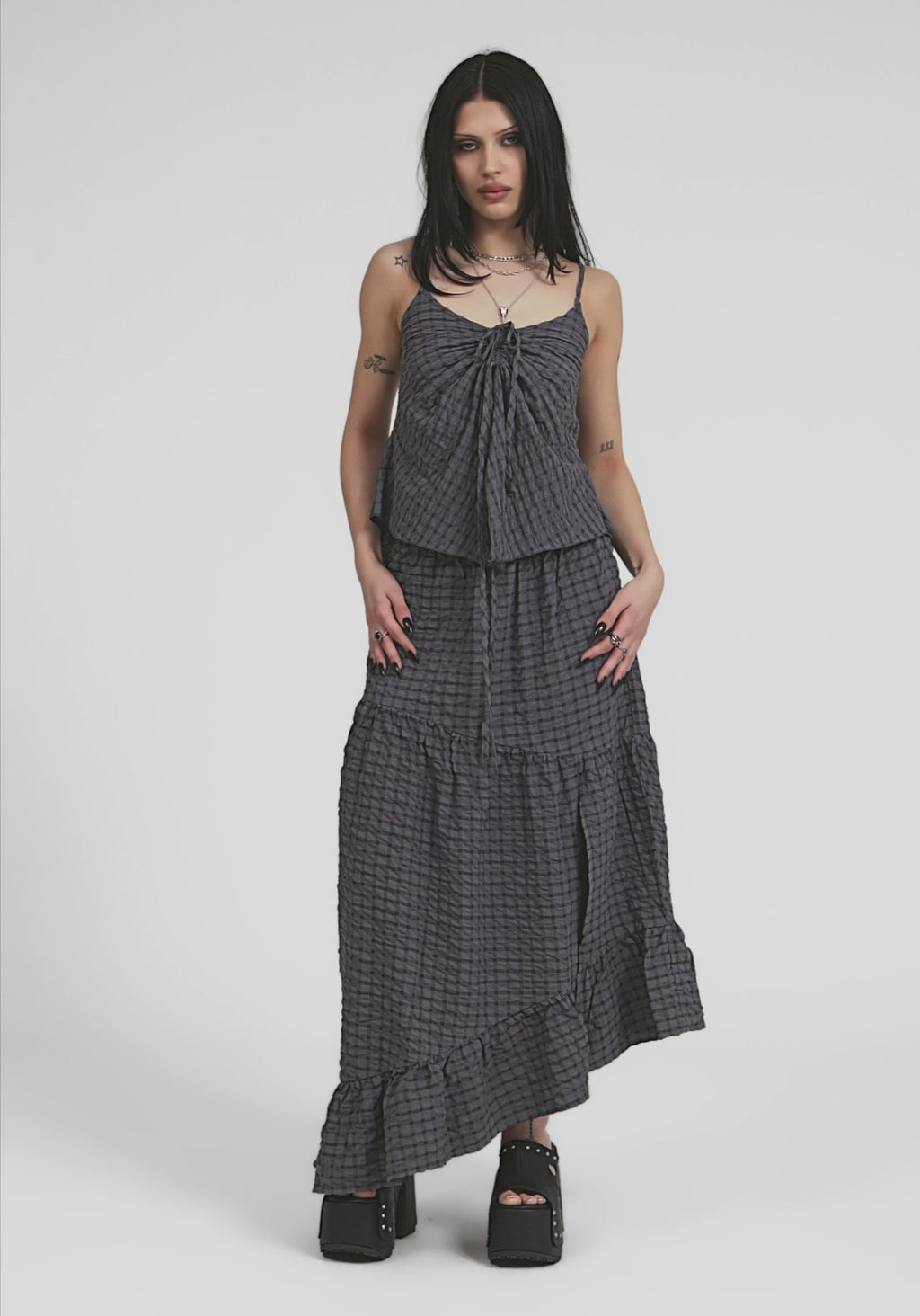 Nimira Check Asymmetrical Tiered Maxi Skirt  Disturbia